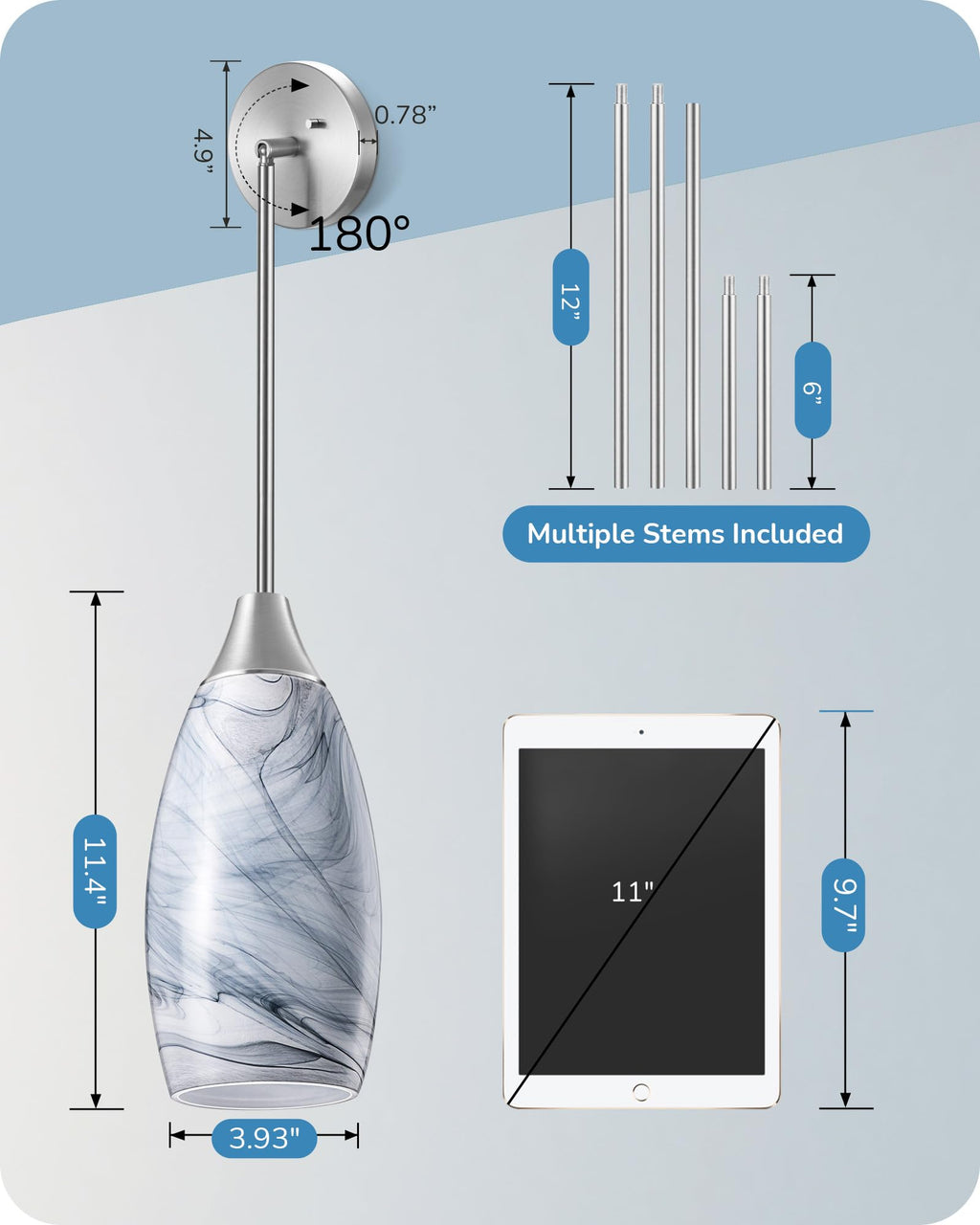 EDISHINE Pendant Light, Hand Blown Hanging Light Fixture, Adjustable Brushed Nickel Rods, 5.12" D x 11.4" H Shade, Blue Glass Pendant Lighting for Kitchen Island, Sink, Bathroom, Dining Room