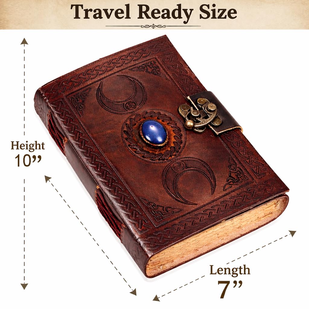 3 Moon Blue Lapis Embossed Vintage Leather Journal | 240 Pages of Antique Handmade Deckle Edge Vintage Paper, Leather Sketchbook, Drawing Journal, Great Gift (5 by 7 inch, black)