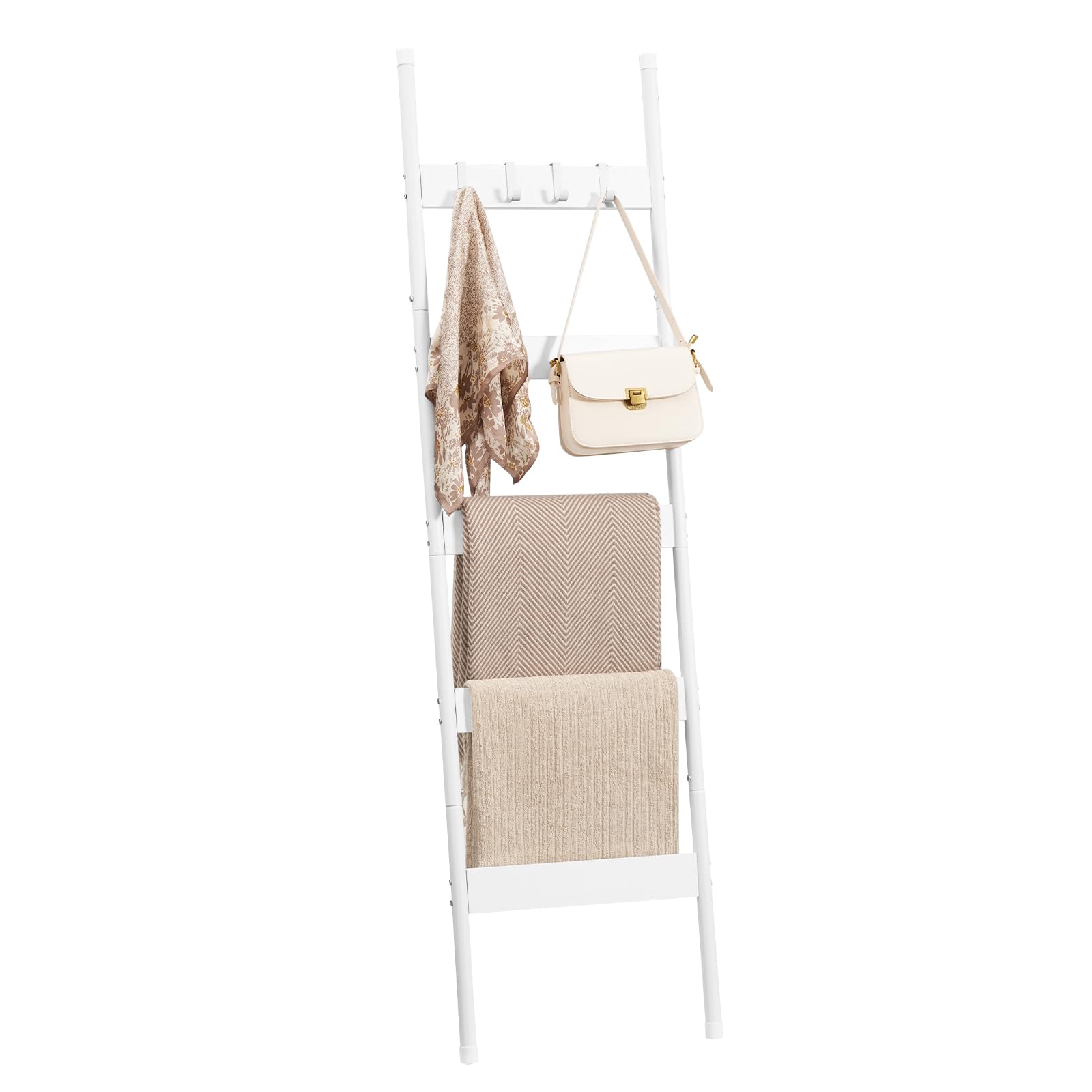 HOOBRO Blanket Ladder, 5-Tier Towel Rack with Hooks, Wall-Leaning Blanket Rack, Decorative Display Ladder Shelf, Scarves, Industrial, Living Room, Bedroom, Black BB52CJ01