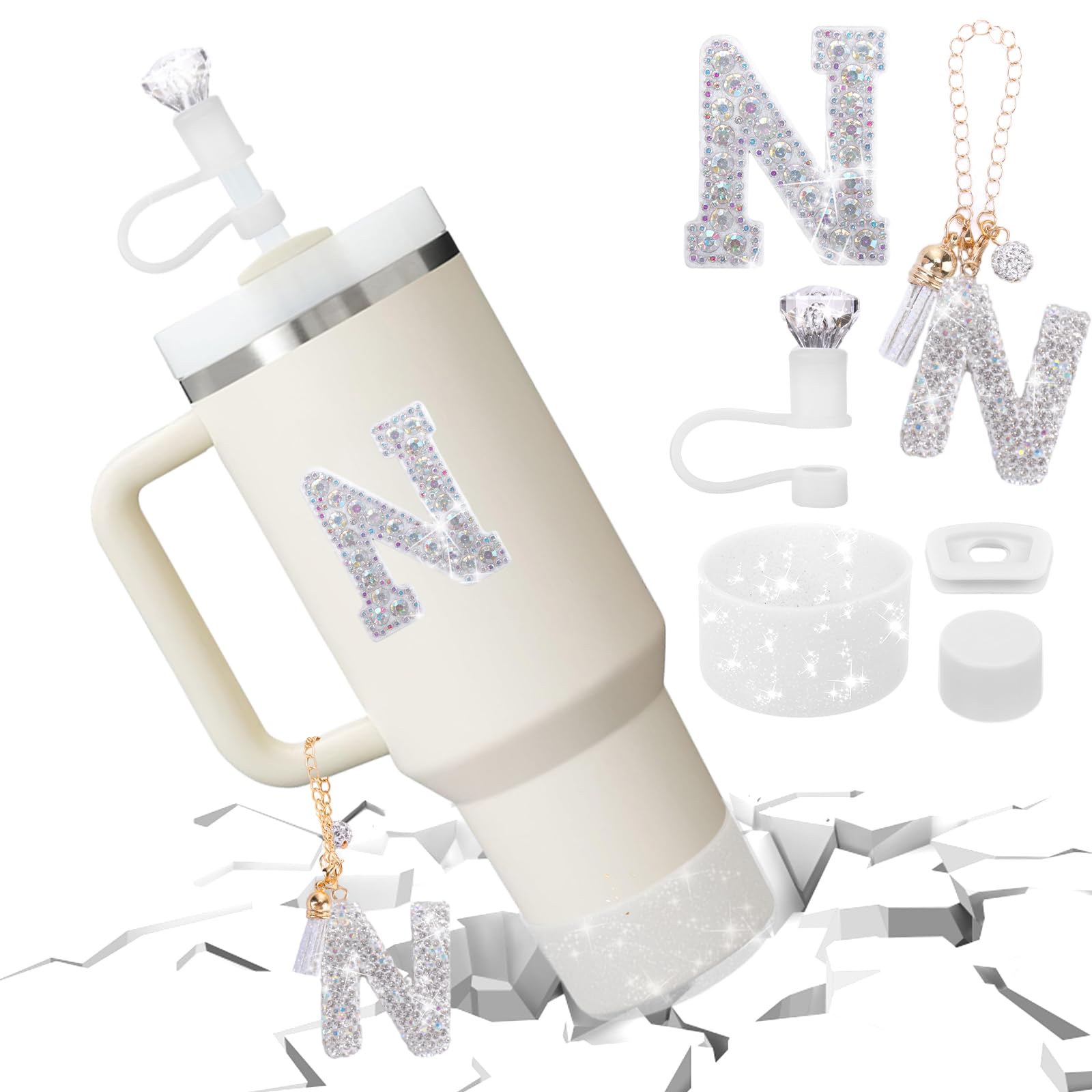Mity rain Accessories Set for Stanley Cup, Initials Decorations for Tumbler Cup 30/40OZ, Including Diamond Straw Topper/Spill Proof Stopper/Sparkly Silicone Boot Set/Letter Charms for Handle A-Z (A-)