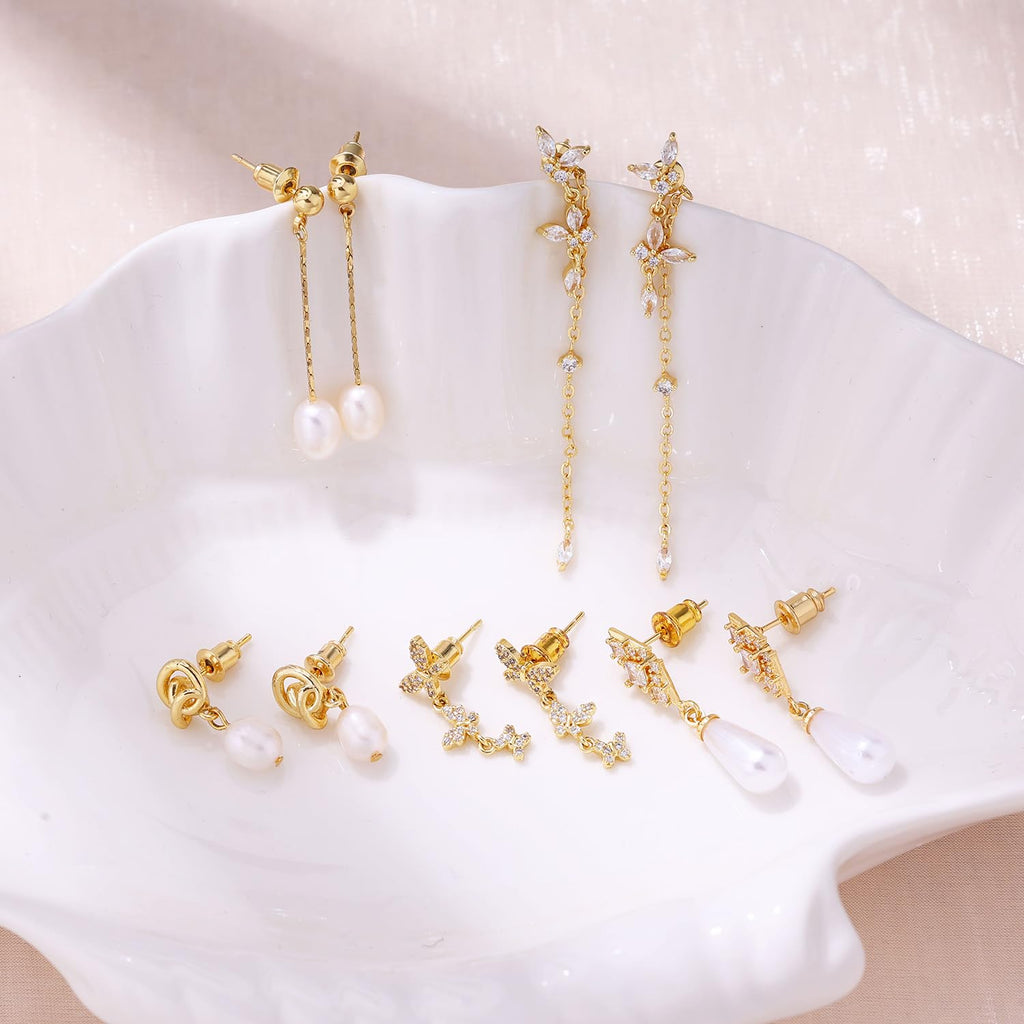 Gold Earrings for Women, 14K Gold Plated Tassel Dangle Earrings for Women Trendy Hypoallergenic Long Chain Earring Dainty Pearl Drop Earrings Elegant Wedding Earring Fashion Jewelry for Womens