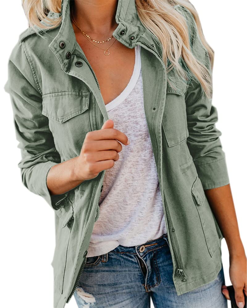Soulomelody Women Military Anorak Jackets Zip Up Snap Buttons Parka Safari Utility Coats Outwear with Pocket