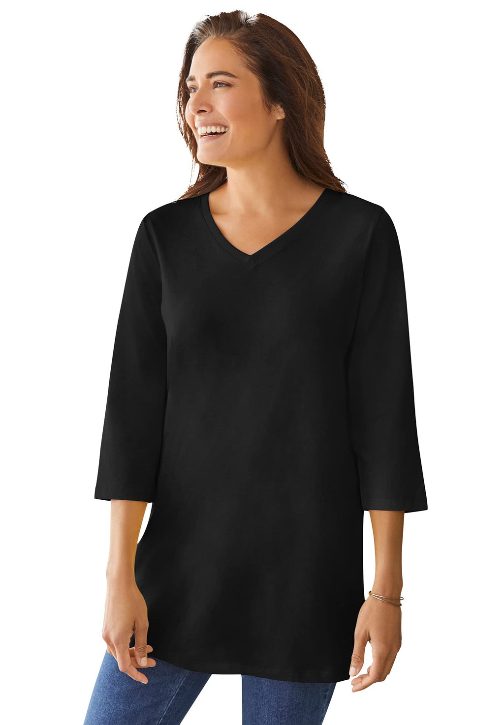 Woman Within Plus Size Perfect Three-Quarter Sleeve V-Neck Tunic