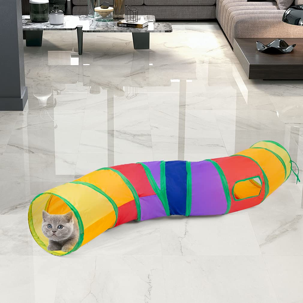 Sheldamy Cat Tunnel, 2-Way Collapsible Play Tunnel, Interactive Toy Maze for Small Animals, Suitable for Kittens, Puppies, Rabbits, Ferrets, Blue & Black