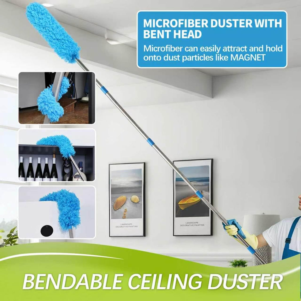 Ceiling Fan Cleaner Duster Reusable Microfiber Removable Duster with Extension Pole Adjusts 12 to 71 Inch for Cleaning Walls Bookshelves Furniture Door Window Top (Blue)