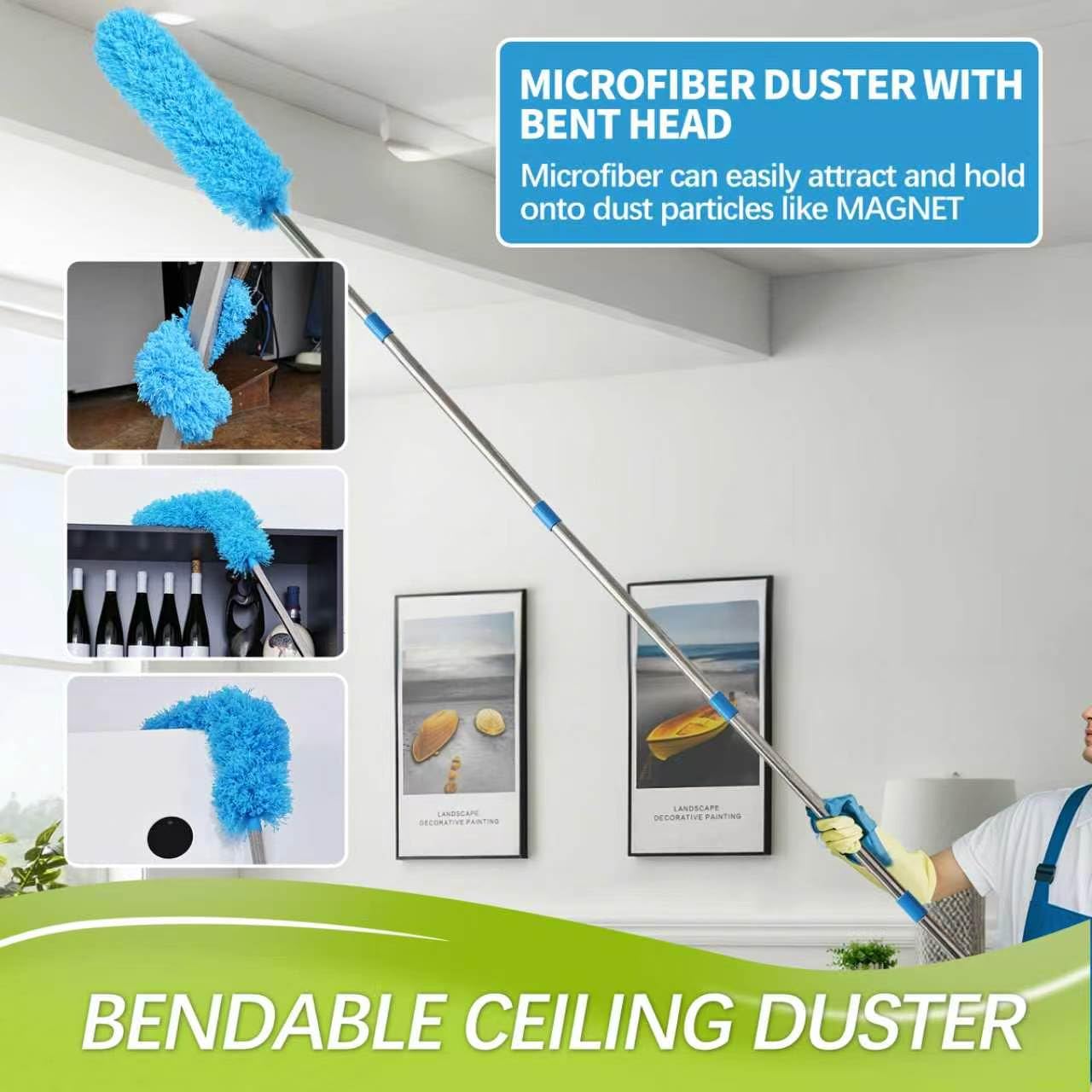 Ceiling Fan Cleaner Duster Reusable Microfiber Removable Duster with Extension Pole Adjusts 12 to 71 Inch for Cleaning Walls Bookshelves Furniture Door Window Top (Blue)