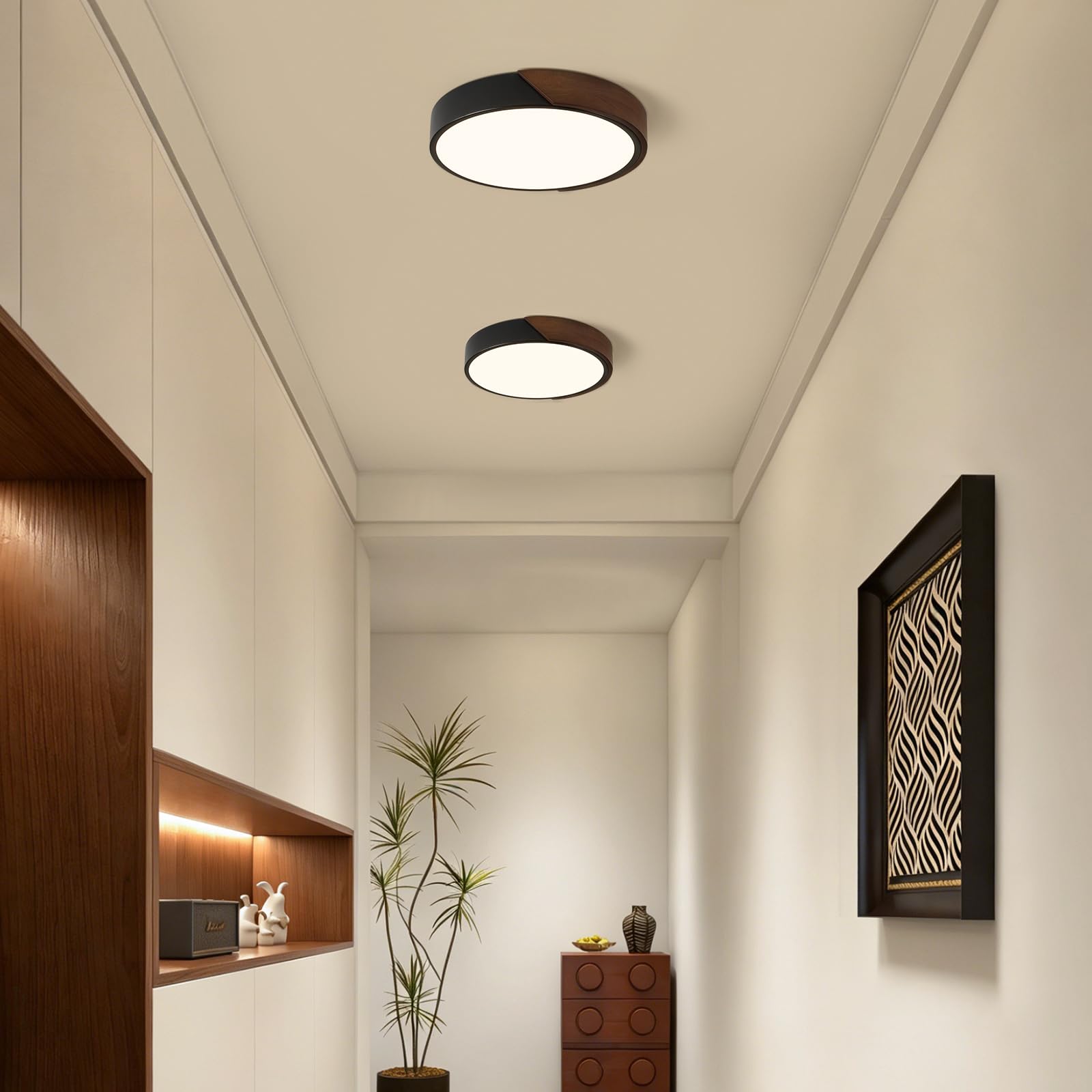 Modern LED Ceiling Light, Minimalist Wood Dimmable Flush Mount Ceiling Light Fixture, Round 5CCT Lighting Lamp with Acrylic Lampshade for Bedroom Hallway Kitchen Laundry, Black 11.8"