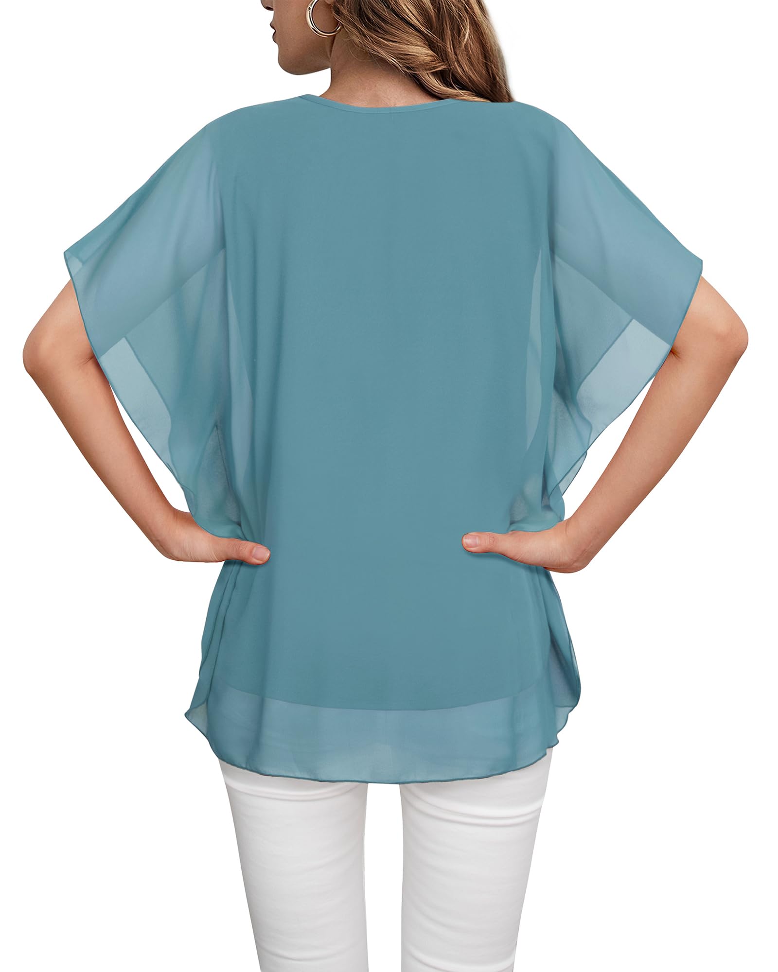 Lotusmile Women's Loose Flouncing Flutter Sleeve Double-Layered Shirt Chiffon Elegant Dressy Blouse Work Tops
