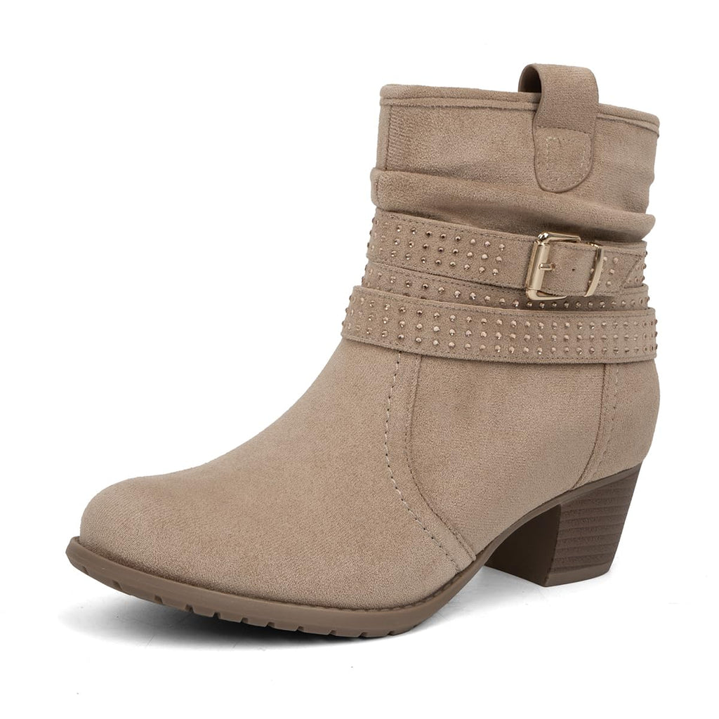 Women's Mid Calf Boots,Round Toe Comfort Low Heel Slouchy Dress zip booties with Jeweled strap