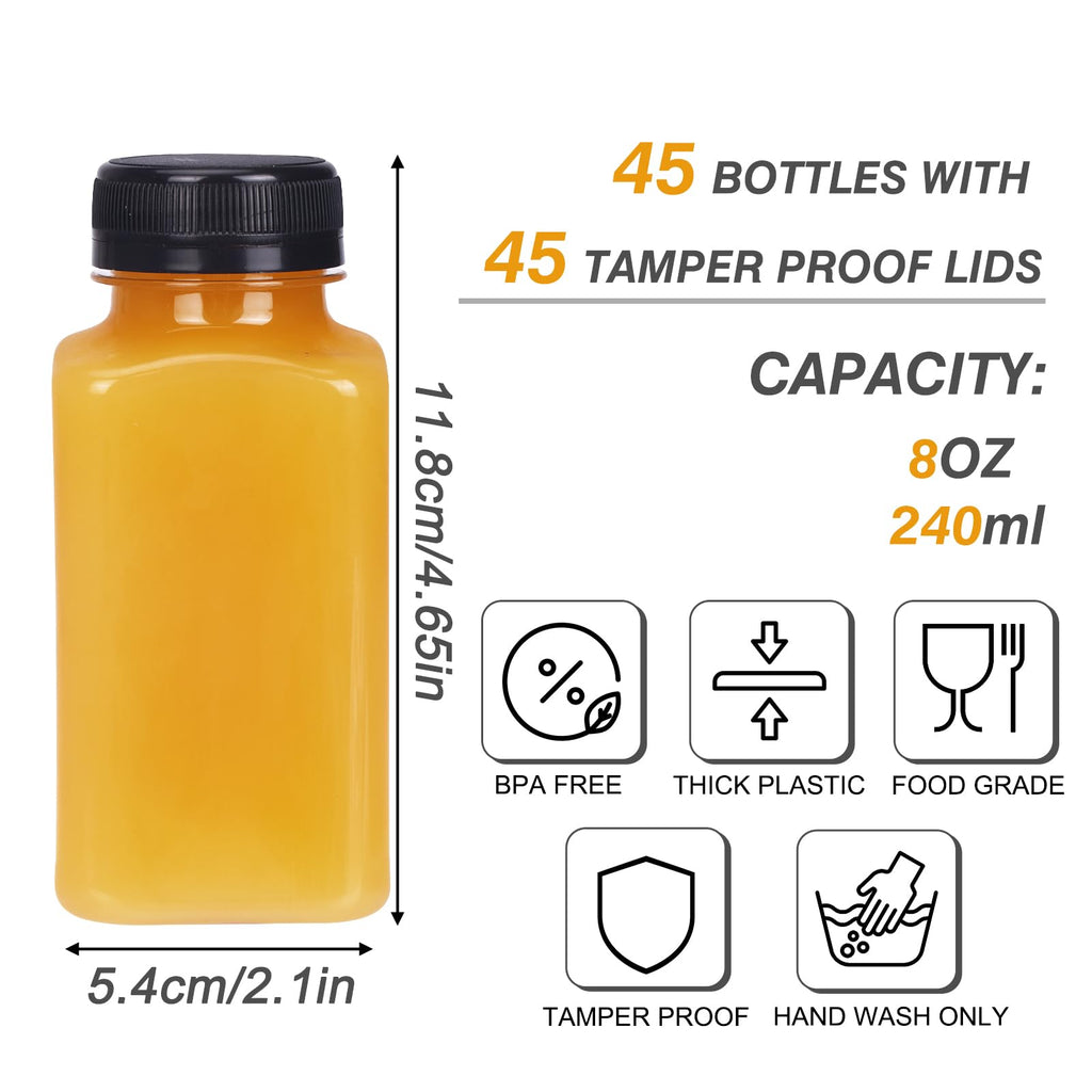 TOMNK 45pcs 2oz Plastic Shot Juice Bottles with Caps, Ginger Shot Bottles, Reusable Clear Bulk Beverage Containers for Ginger Shot, Juice, Milk, and Other Beverages
