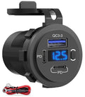 12V USB Outlet, Dual USB C Car Charger Socket & Quick Charge 3.0 Port with Voltmeter and Power Switch for Car Boat Marine Truck