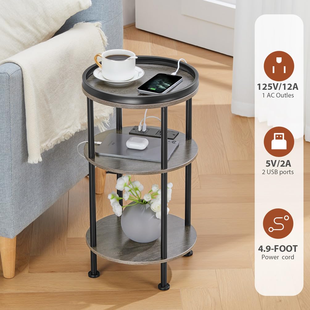 Small Round Side Table with Charging Station for Small Spaces, 3-Tier Accent Table with USB Ports & Power Outlets, Sofa Corner Tea Table for Living Room Nightstand Bedroom Apartment (Black)