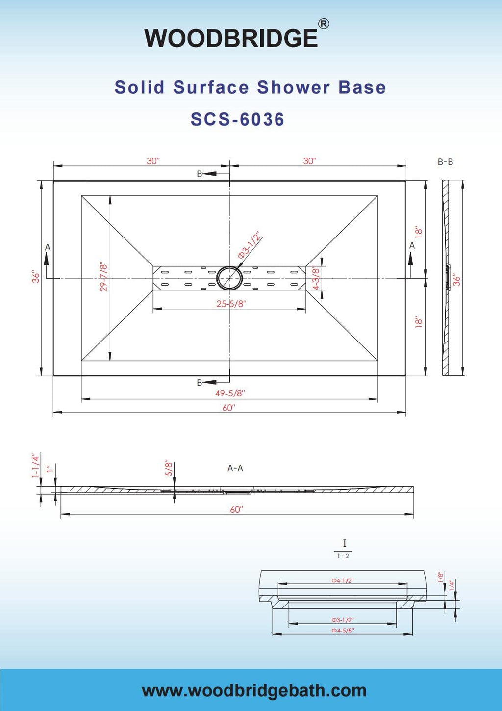 WOODBRIDGE 47.25 in L x 31.5 in W Zero Threshold Shower Base with Center Drain, Decorative Drain Plate, Tile Flange, Wheelchair Access, Low Profile, Black
