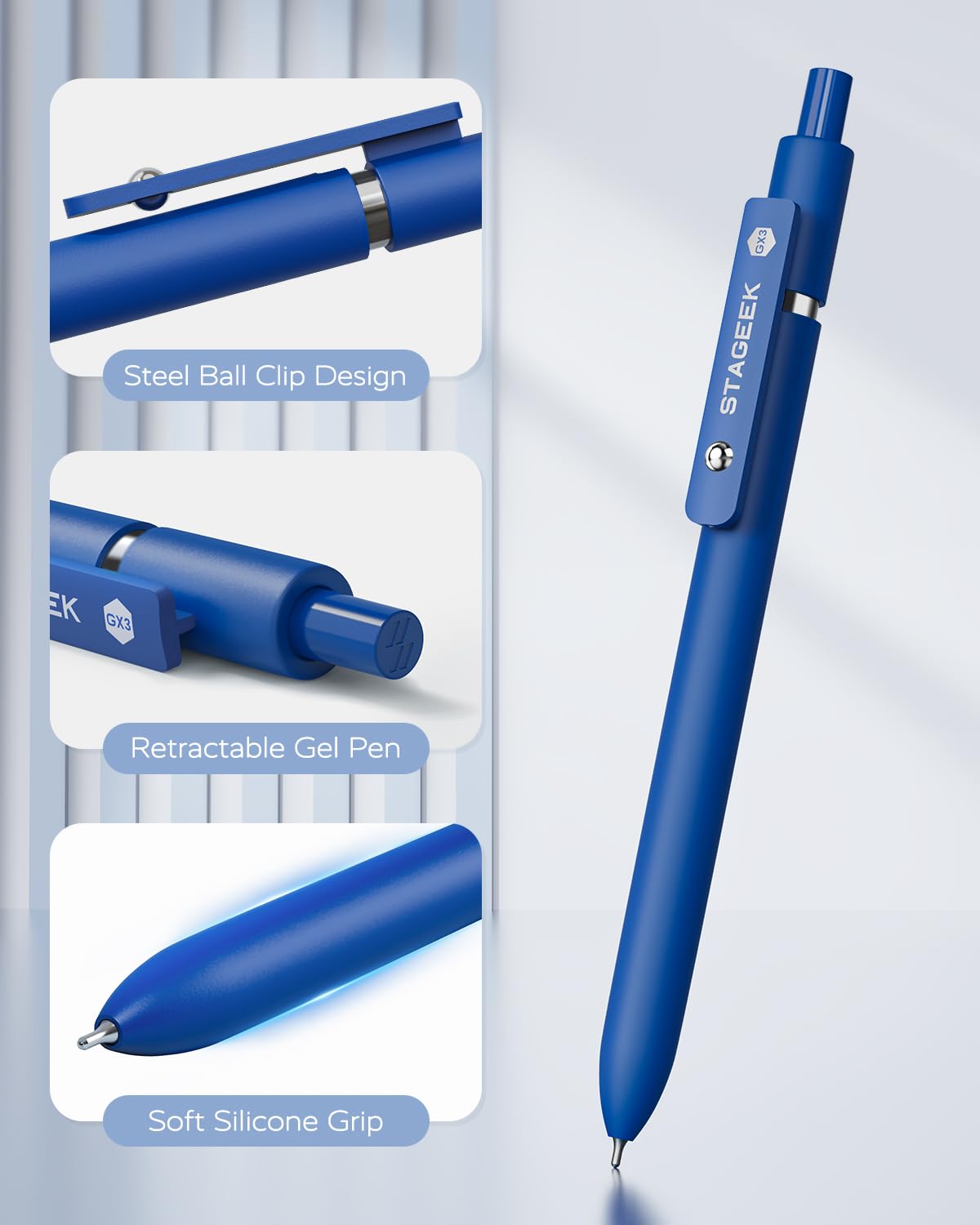 STAGEEK Blue Gel Pens GX3, 12Pcs Quick Dry Blue Ink Pens with 3 Extra Refills, Fine Point Retractable Smooth Writing Pens for Journaling, Office, Note Taking, School Supplies, Nurse Aesthetic(Blue)