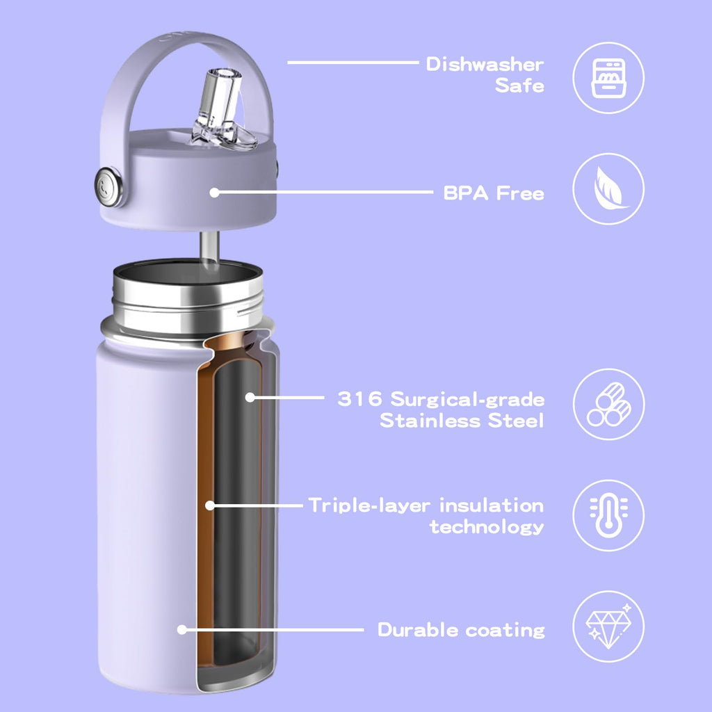 OISIZ Kids Water Bottle with Straw Lid 14oz, Vacuum Insulated 316 Stainless Steel Water Bottles for Kids for School, Leakproof Water Bottle, BPA Free and Keep Cold for 24 Hours