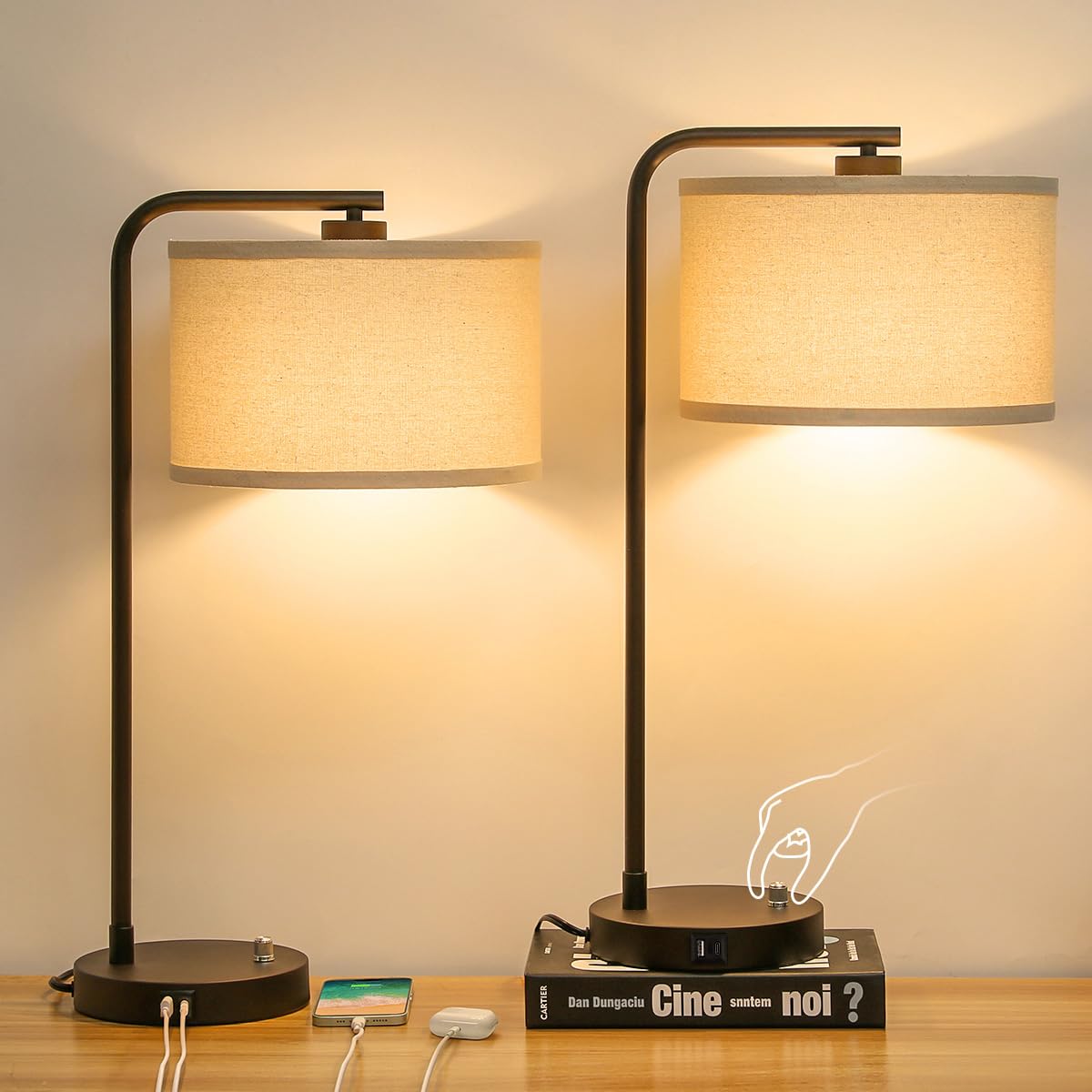 Table Lamps Set of 2, Fully Dimmable Bedside Lamp with USB C+A Charging Ports, Modern Nightstand Lamps with Linen Fabric Shades, Tall Desk Lamp for Bedroom, Living Room, Office, LED Bulb Included
