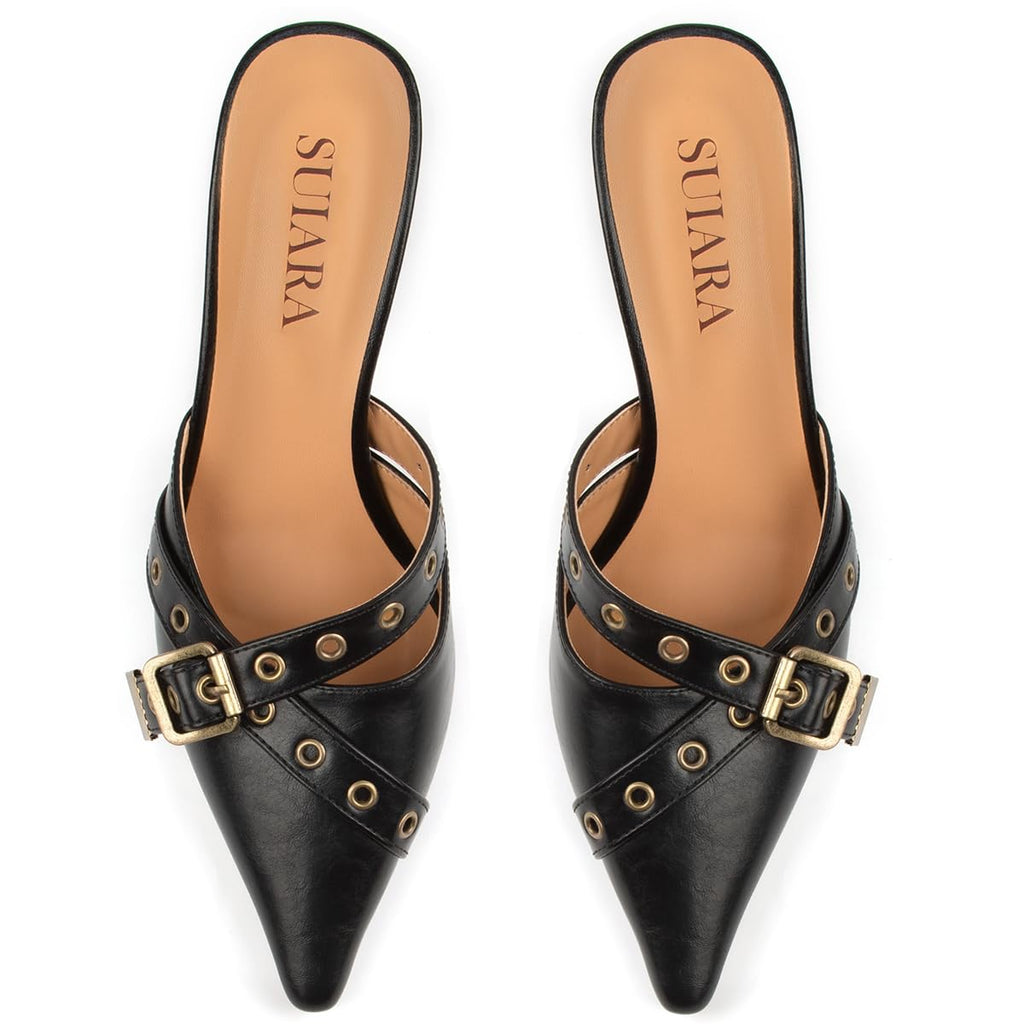Kitten Heels for Women Closed Toe Heels Vintage Heeled Mules Sexy Pointy Studded Slip on Stiletto Dressy Pumps