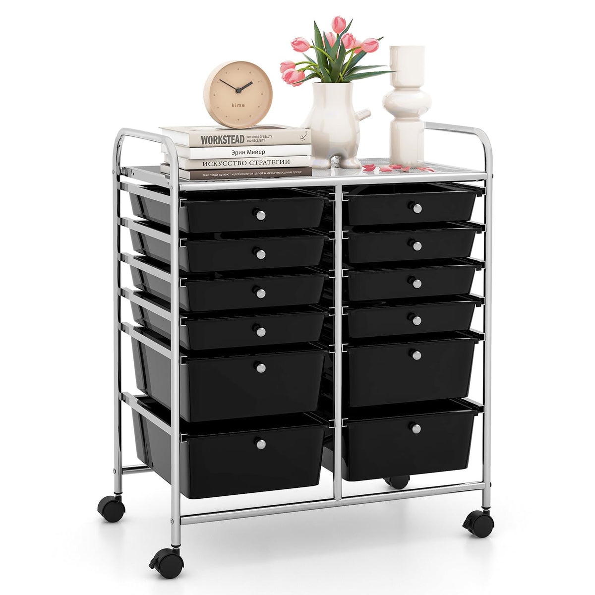 LDAILY 9 Drawer Rolling Storage Cart, Rolling Cart with Drawers for Classroom, Art Supply Craft Organizer on Wheel with Metal Frame & Handles for Home Office School