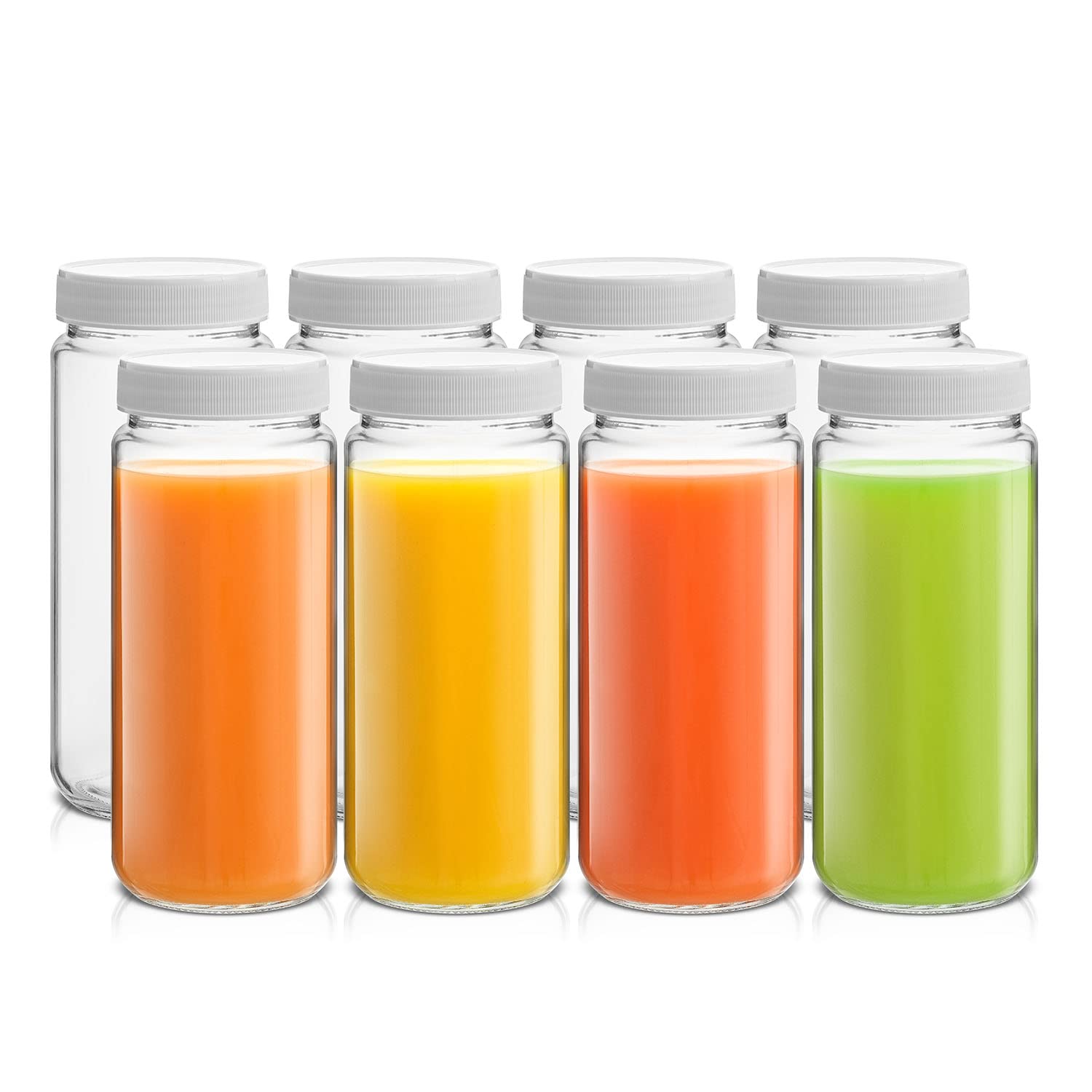 JoyJolt Glass Juice Bottles, 16 oz Glass Bottles with Caps. Set of 8 Juice Containers with Lids for Fridge, and Labels for Juice Jars. Glasses for Juice, Cold Brew Bottles, Smoothie Jars