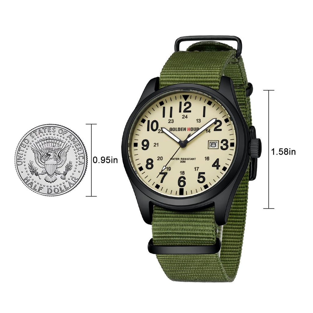 GOLDEN HOUR Men's Nylon Slip-Thru Strap Watch with Military Time Easy Read Dial Glowing Hands