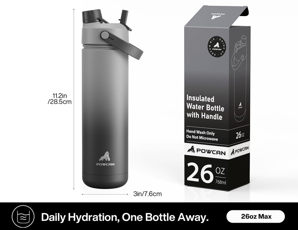 POWCAN 26 oz Insulated Water Bottle with 2-in-1 Straw and Spout Lid, Keep Cold 24H, Leak-Proof, Fits in Car Cup Holder, Stainless Steel Water Bottle for Sports, Travel, Gym, Gift, and School (Ace)