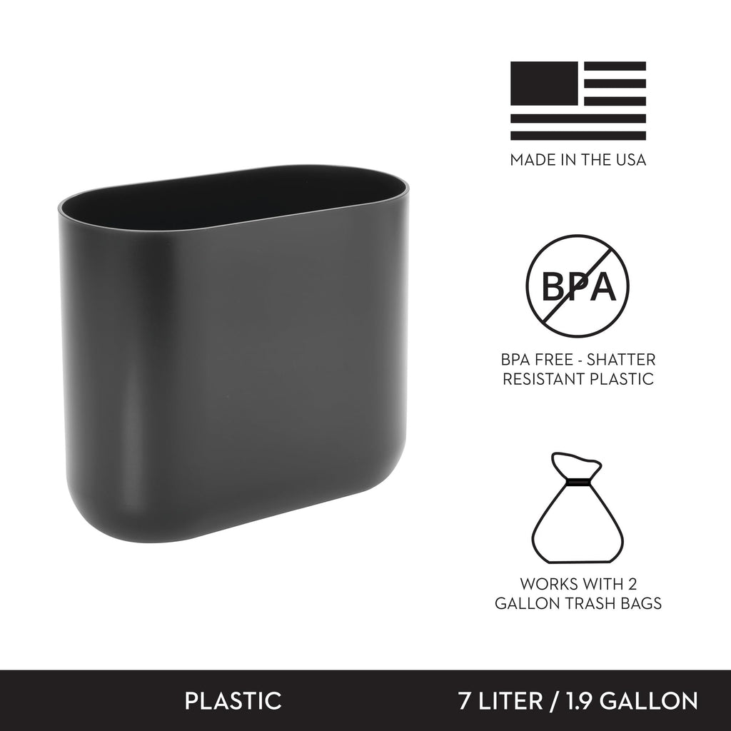iDesign Small Slim Plastic Bathroom Trash Can, Black | Garbage Can for Bedroom, Office, Desk, Dorm
