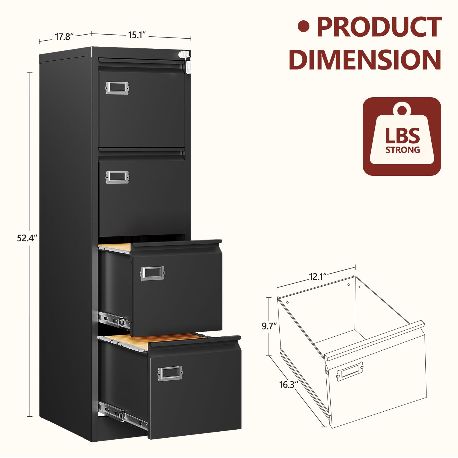 RAVIGIN 4 Drawer File Cabinet with Lock,Vertical Filing Cabinet for Home Office,Metal File Cabinets with Lock,Storage Files for A4/ Legal/Letter, Require Assembly, (Black)