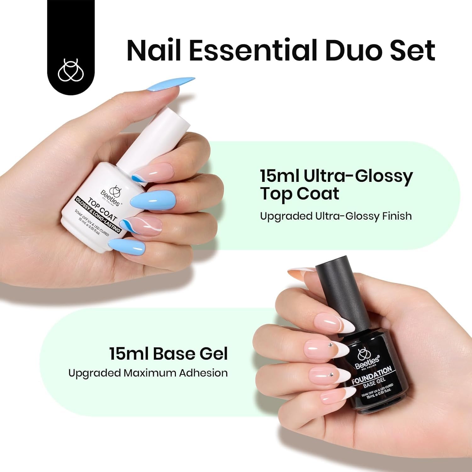 Beetles 2Pcs 15ml Gel Base and Top Coat Set - Upgrade No Wipe Extra Glossy Top Coat Finish for Gel Nail Polish, Soak Off UV/LED Lamp Needed, Essentials for Long-Lasting Manicure Kit