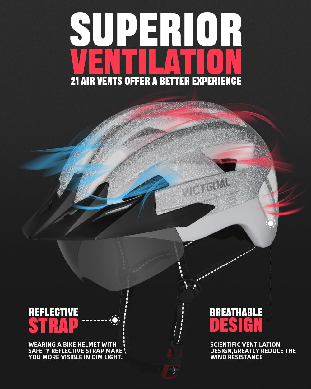 VICTGOAL Bike Helmet with USB Rechargeable Rear Light Detachable Magnetic Goggles Removable Sun Visor Mountain & Road Bicycle Helmets for Men Women Adult Cycling Helmets