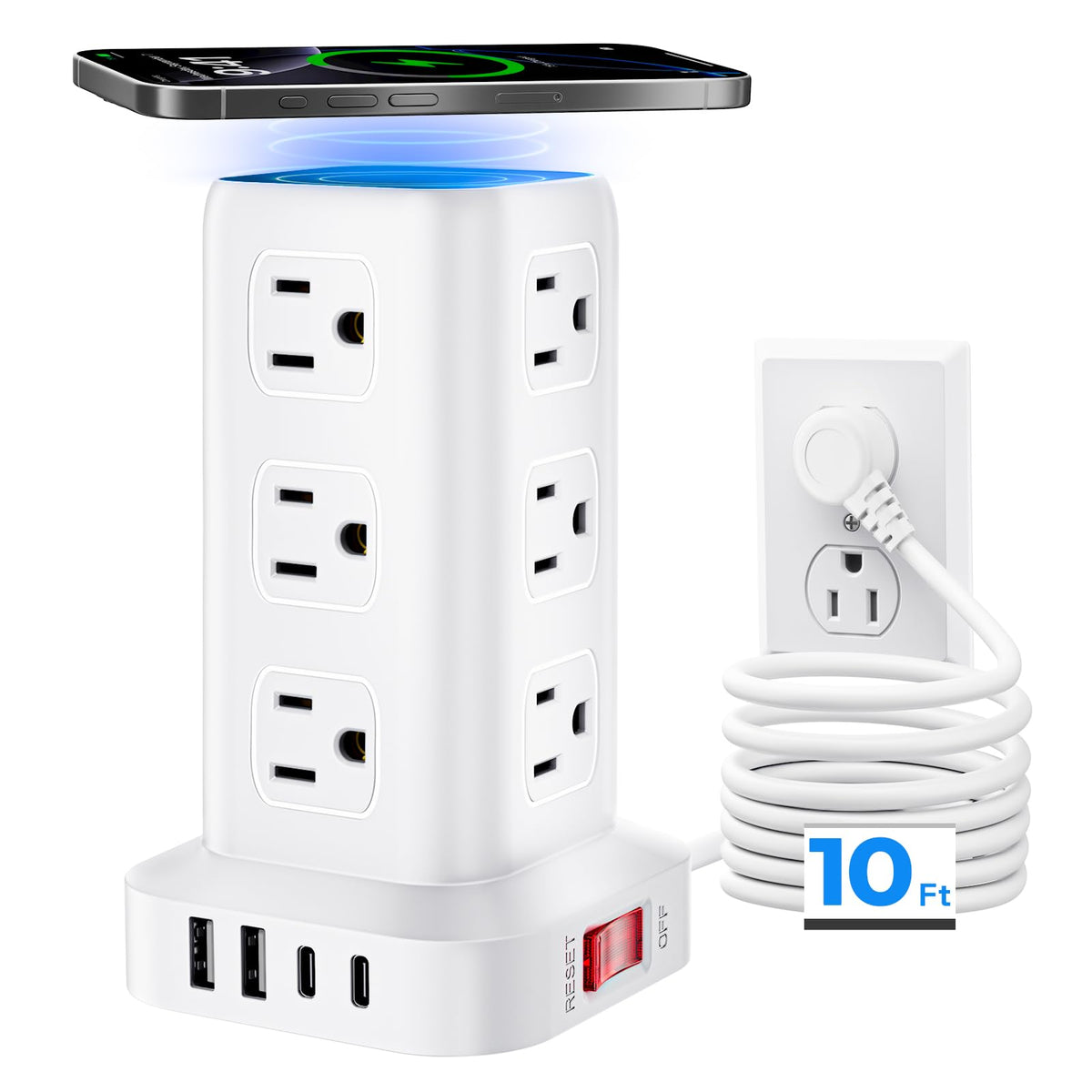 Tower Surge Protector Power Strip with 12 Outlets 4 USB (1 USB C), 6.5Feet Extension Cord with Multiple Outlets, Charging Station, Power Strip Tower, Office Desk Supplies