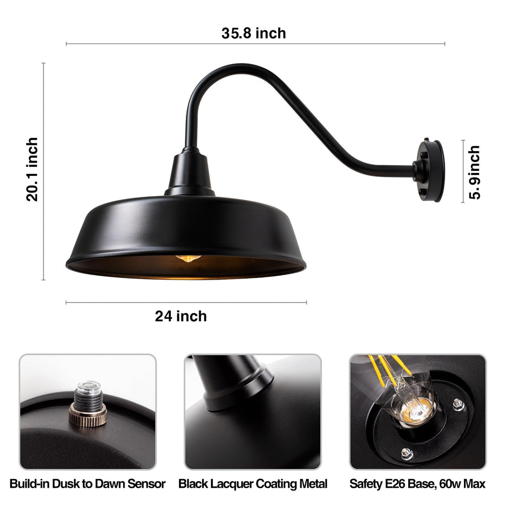 Barn Lights Outdoor Gooseneck Lighting, Dusk to Dawn Black Exterior Barn Lights for House, Farmhouse Wall Lighting Fixtures with Sensor for Porch Garage (1, 11" Diameter)