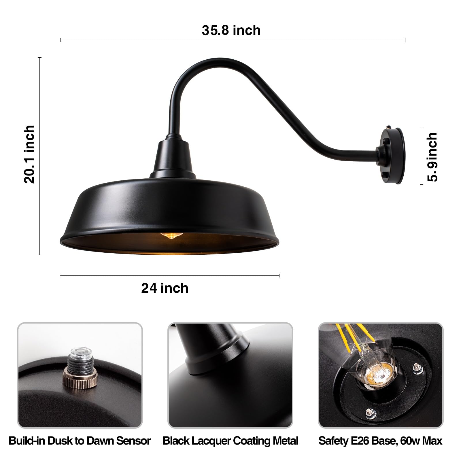 Barn Lights Outdoor Gooseneck Lighting, Dusk to Dawn Black Exterior Barn Lights for House, Farmhouse Wall Lighting Fixtures with Sensor for Porch Garage (1, 11" Diameter)