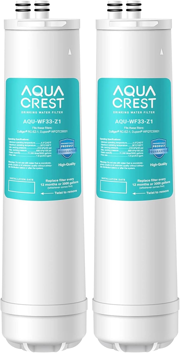 AQUA CREST RC EZ 1 Water Filter, Replacement for DuPont® Carbon 3000QT Filter, Culligan® RC-EZ-1, DuPont® WFQTC30001, WFQTC70001, Brita® USF-201, USF-202, 3K Gallons, 2 Pack