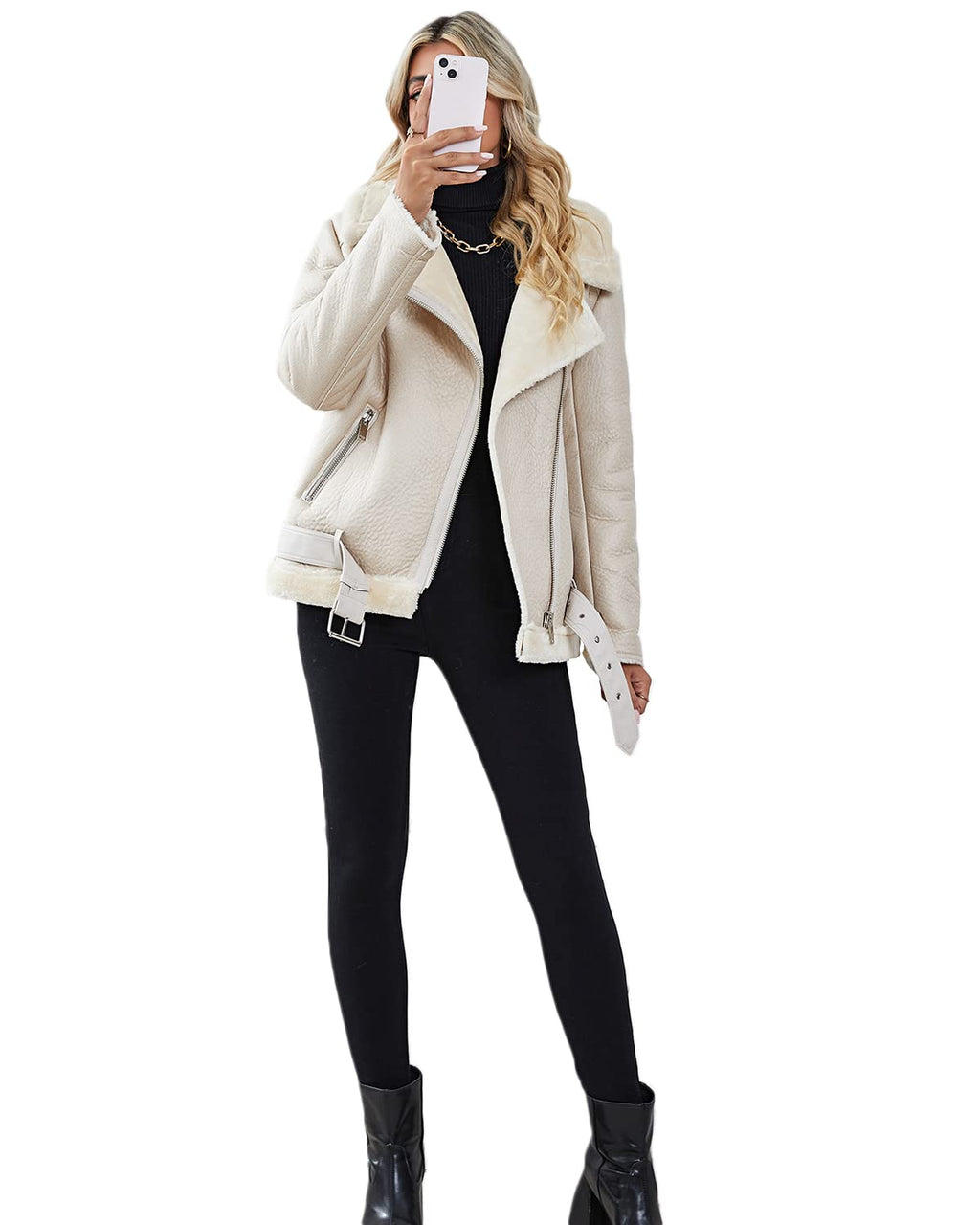 LY VAREY LIN Women's Faux Shearing Moto Jacket Thick Lined Parka Winter Shearling Coat Leather Jacket