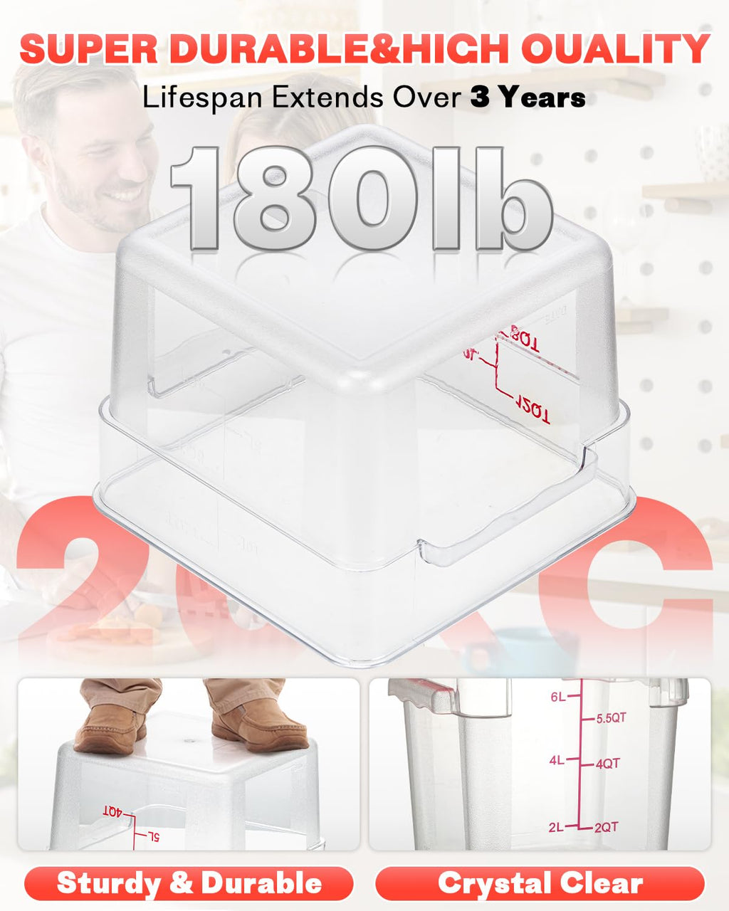 4QT NSF Food Storage Containers: 8 PCS [Food Grade][Hot&Cold Resistant] Commercial Clear Food Storage Containers with Lids for Restaurant Kitchen Proof Dough, Measuring Spoons Included(BPA FREE)