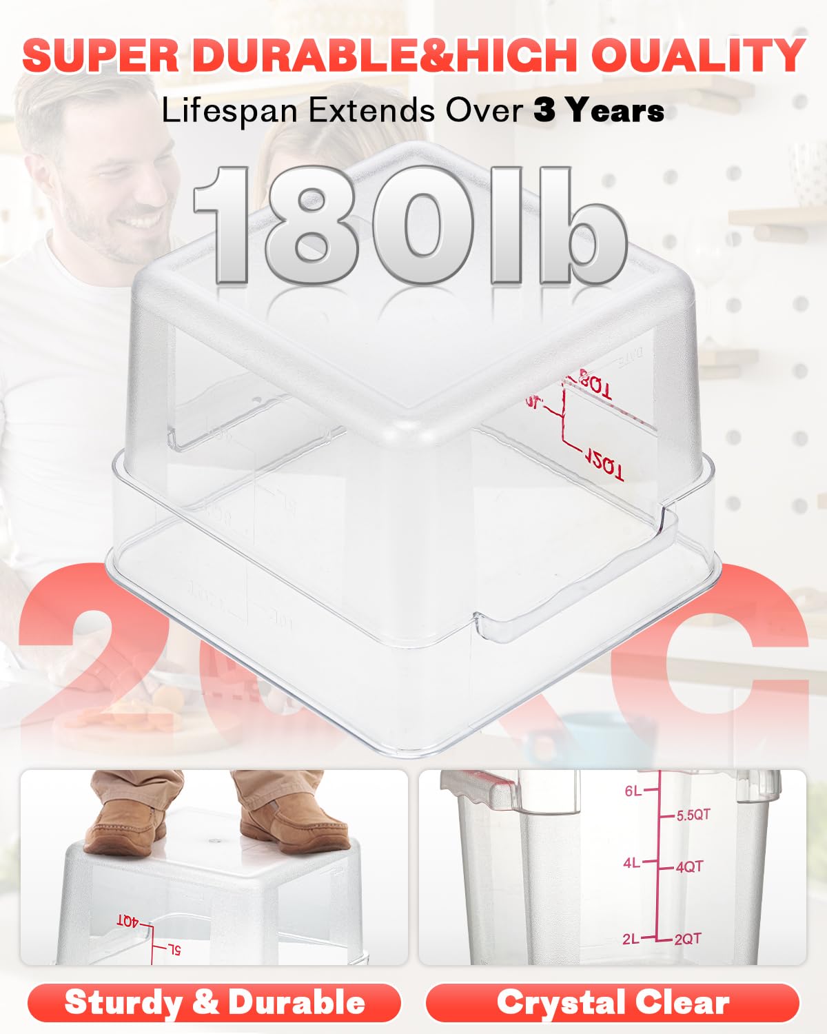 4QT NSF Food Storage Containers: 8 PCS [Food Grade][Hot&Cold Resistant] Commercial Clear Food Storage Containers with Lids for Restaurant Kitchen Proof Dough, Measuring Spoons Included(BPA FREE)