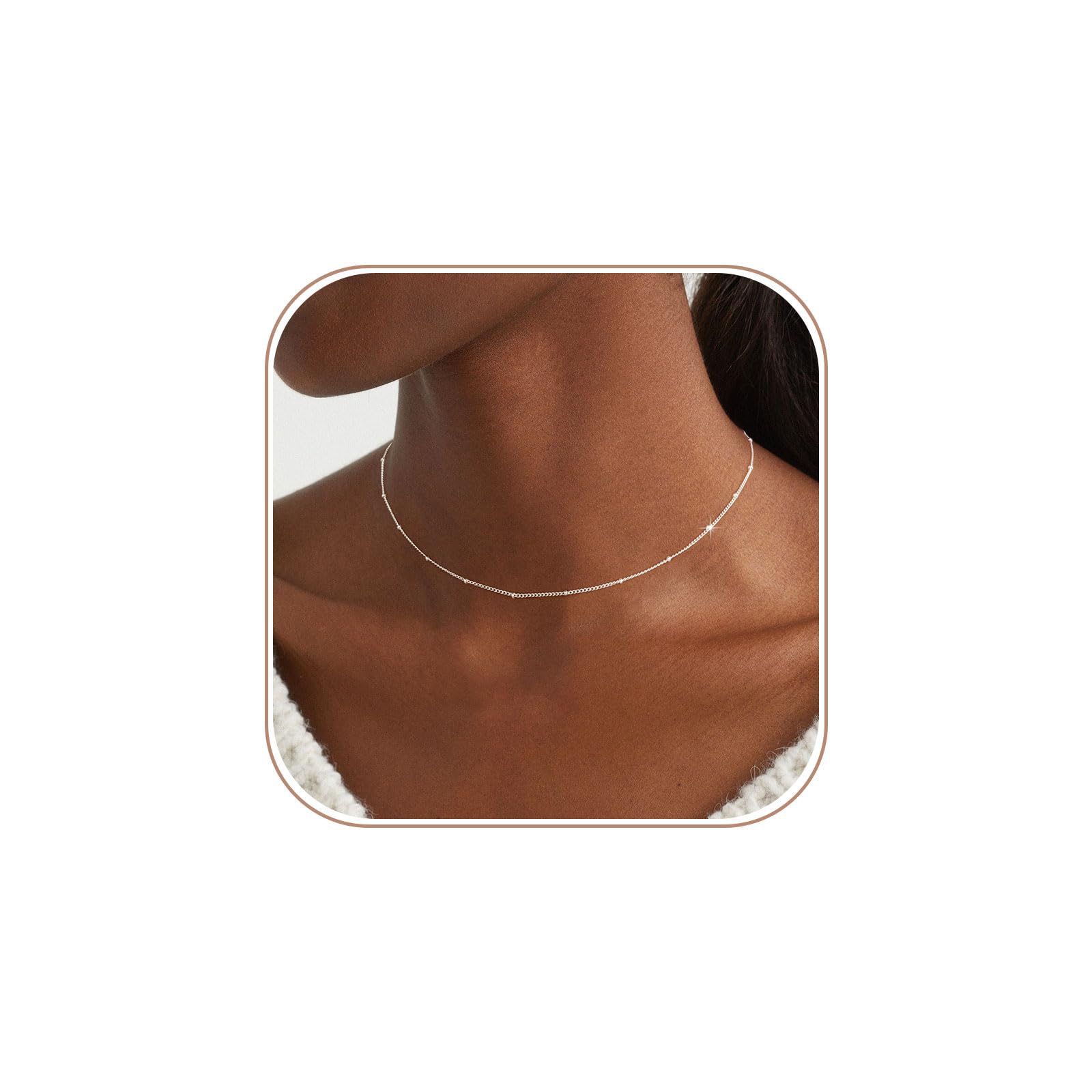 BERISO 14K Gold/Silver Plated Choker Necklace for Women Shining Dots Station Gold Chain Necklace Beads Sparkle Chain Necklace Link Chain Exquisite Jewelry for women
