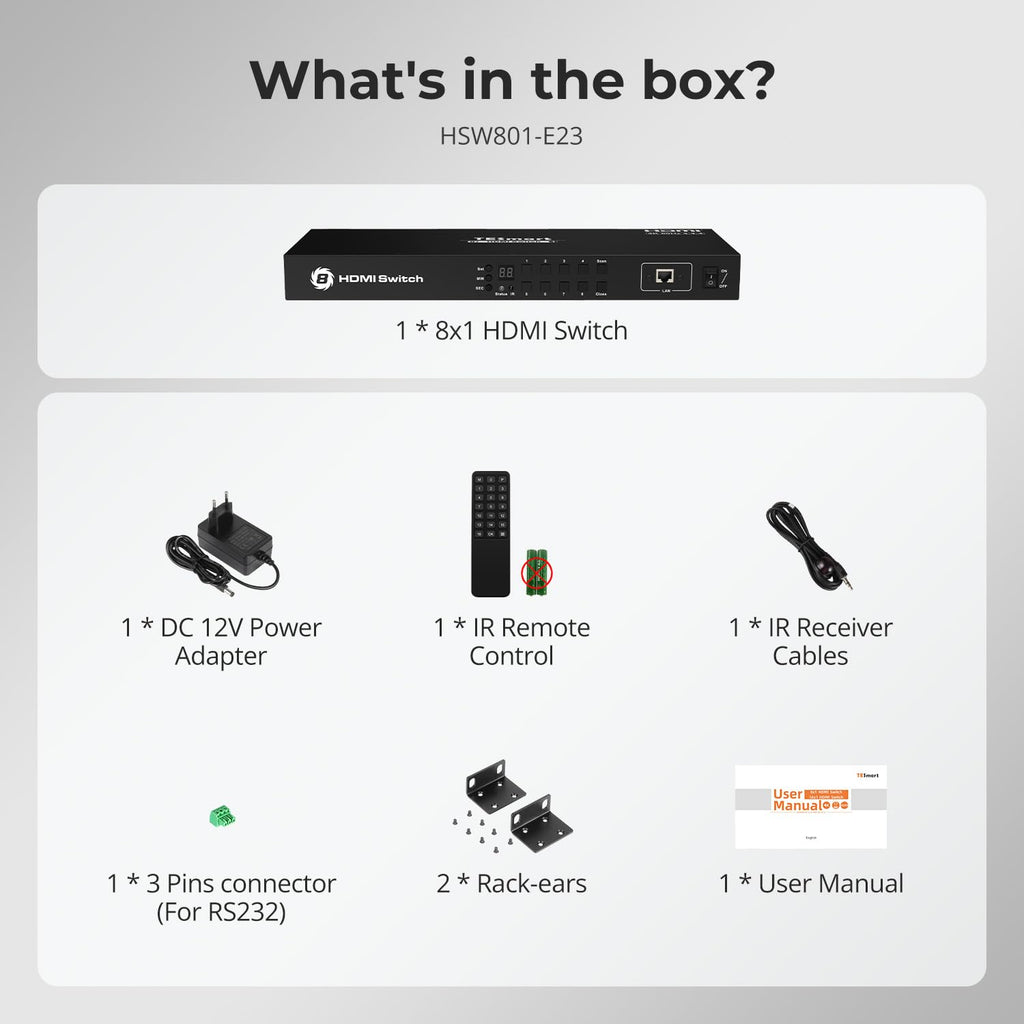 TESmart 8×1 HDMI Switch 8 in 1 Out 4K @ 60Hz HDCP with 19-inch Rack-Ears | RS-232 / LAN Control | IR Remote Control and Auto Switch | Auto Scan Time Interval - Black