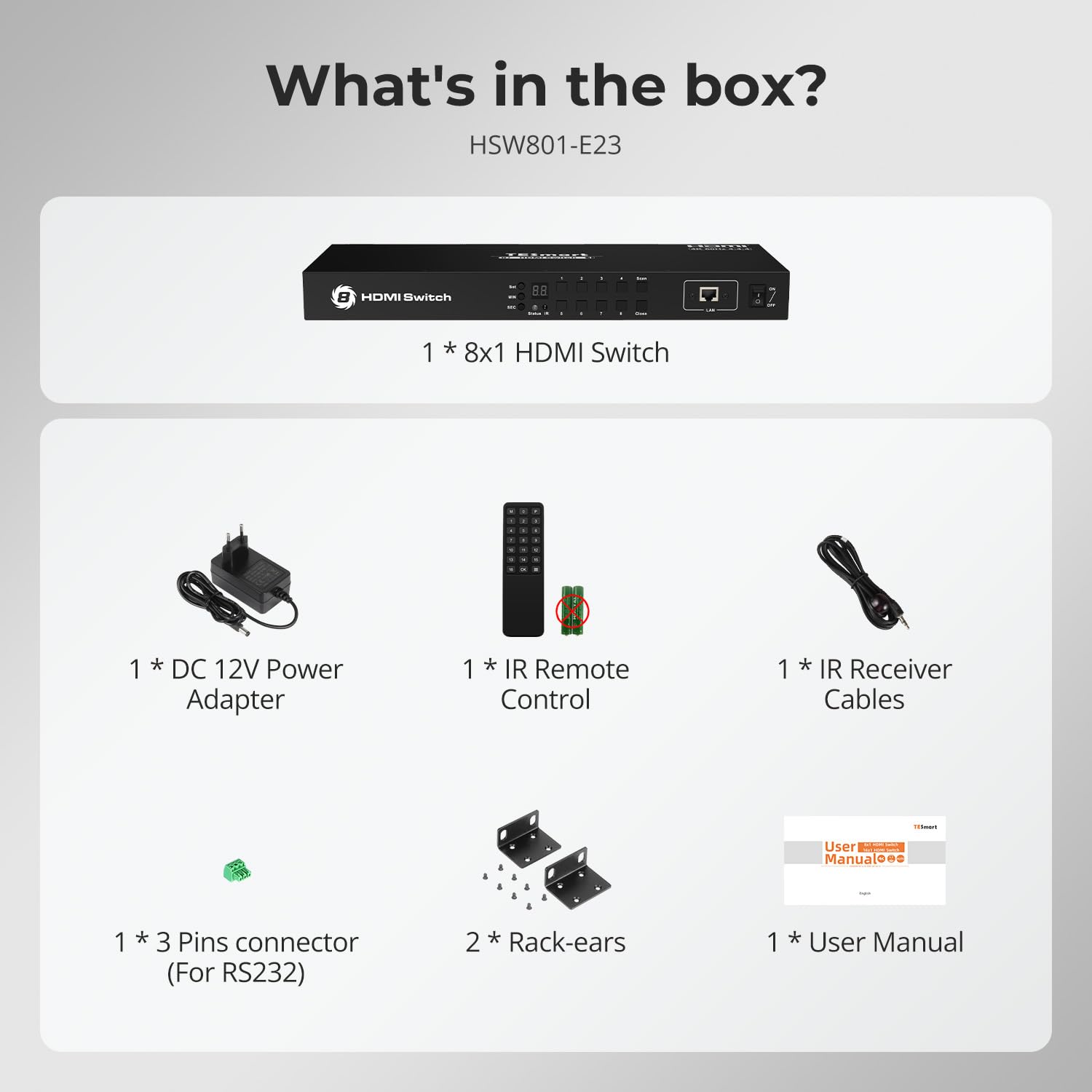 TESmart 8×1 HDMI Switch 8 in 1 Out 4K @ 60Hz HDCP with 19-inch Rack-Ears | RS-232 / LAN Control | IR Remote Control and Auto Switch | Auto Scan Time Interval - Black