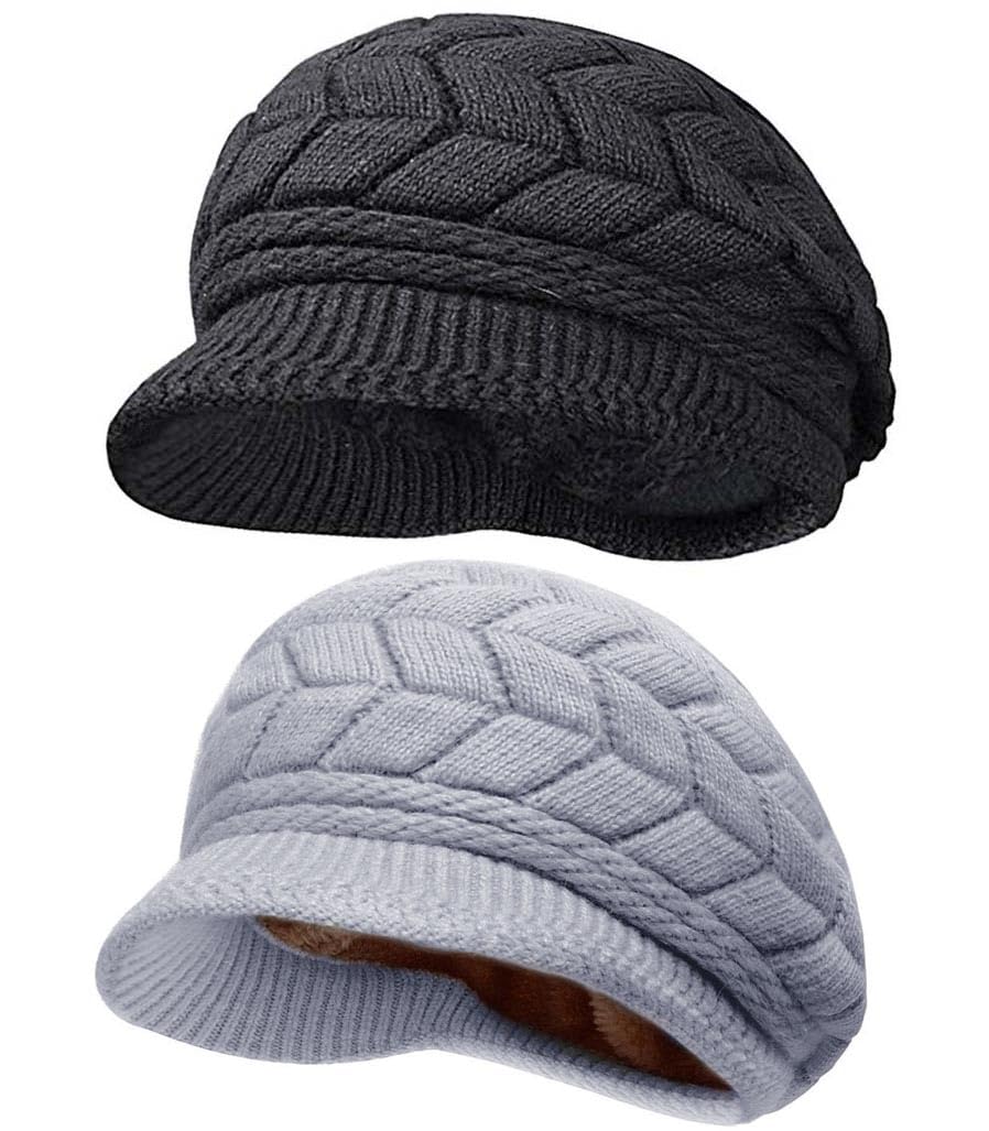 Women Winter Warm Knit Hat Wool Snow Ski Caps with Visor
