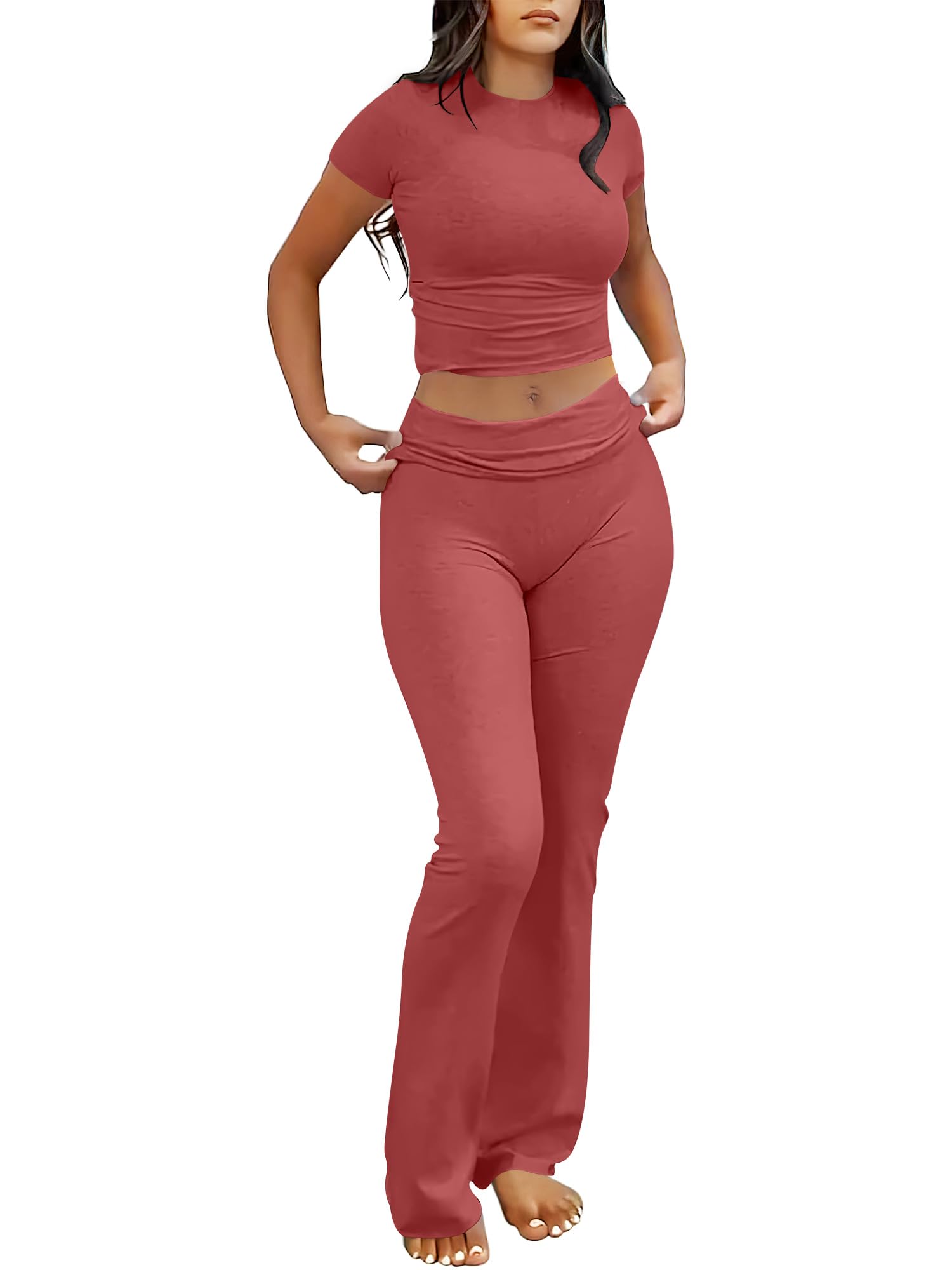 ANRABESS 2 Piece Lounge sets for Women | Soft Comfy Stretchy, Crop Top & Foldover Flare Leggings, Yoga Workout Matching Outfits, Trendy Y2k, Summer Wear Fall Layer