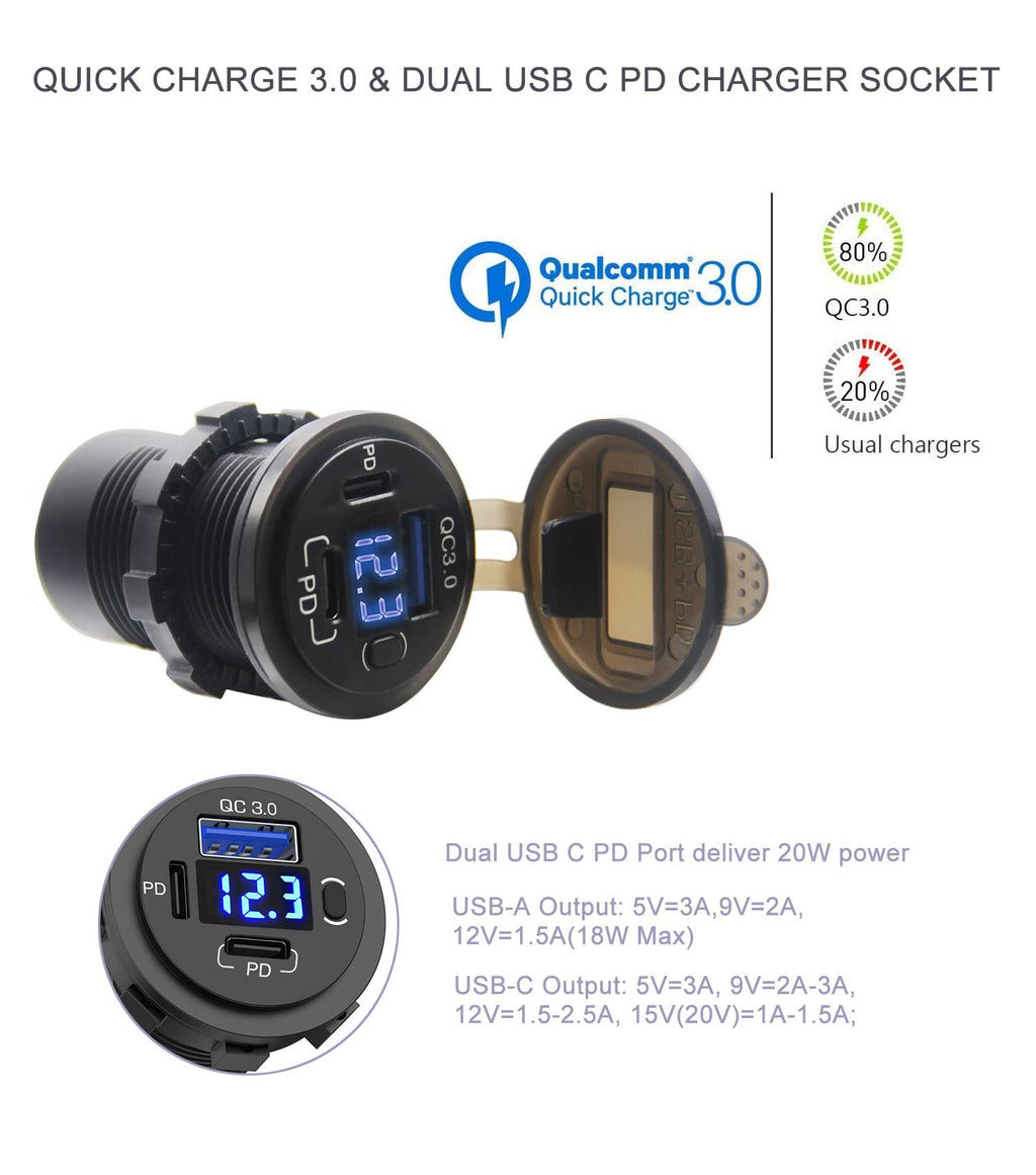 12V USB Outlet, Dual USB C Car Charger Socket & Quick Charge 3.0 Port with Voltmeter and Power Switch for Car Boat Marine Truck