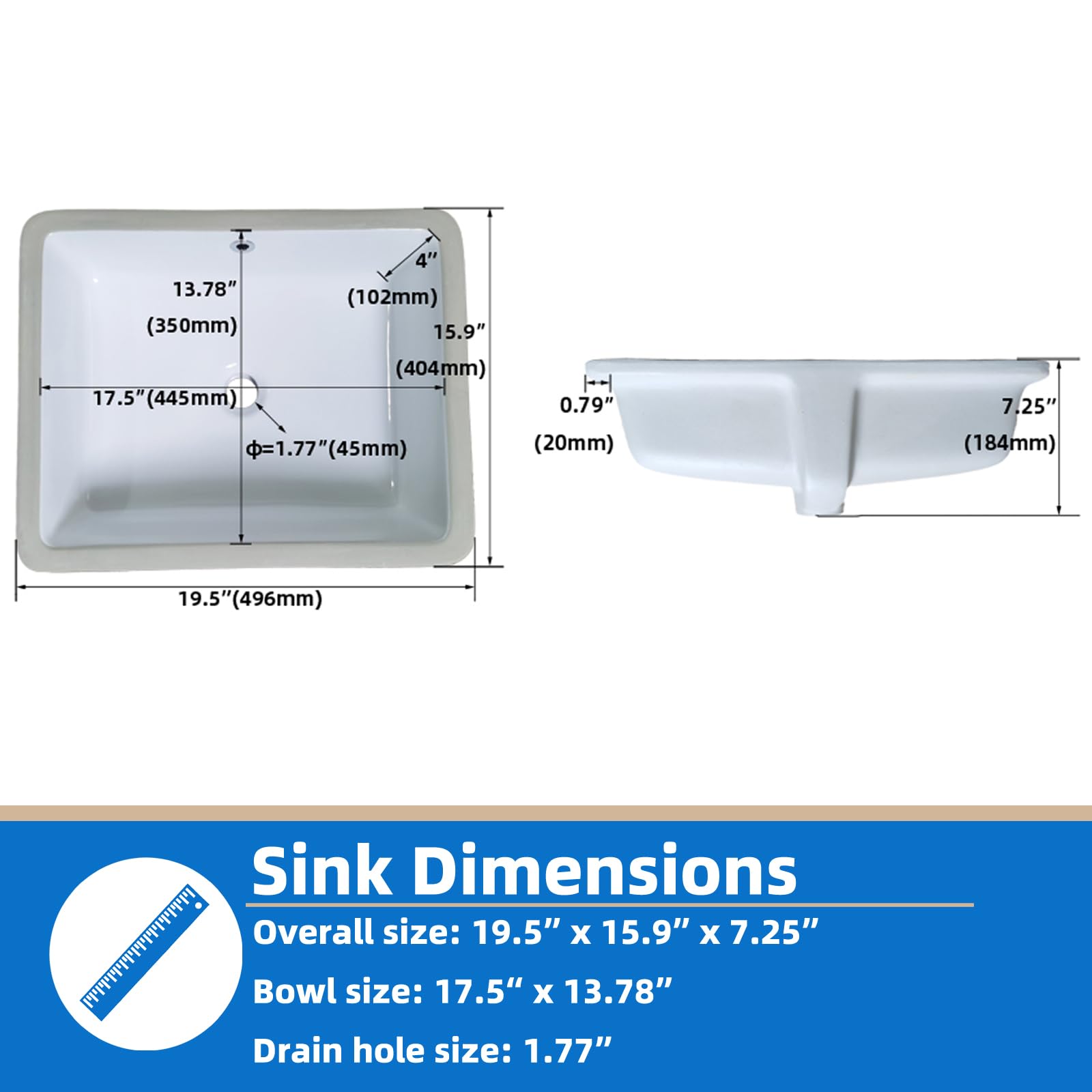 KINGWONG 14 Inch Small Square Undermount Bathroom Sink, 13.75" Ceramic White Porcelain Under Counter Basin for Vanity, Modern Rectangular Sink with Overflow Hole, Easy to Clean, Interior 11.5" x 11.5"