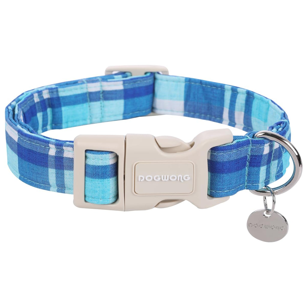 DOGWONG Cotton Dog Collar, Blue Plaid Heavy-Duty Dog Collar Durable Soft Boy Dog Collar Cute Wedding Puppy Necklace for Small Medium Large Dog