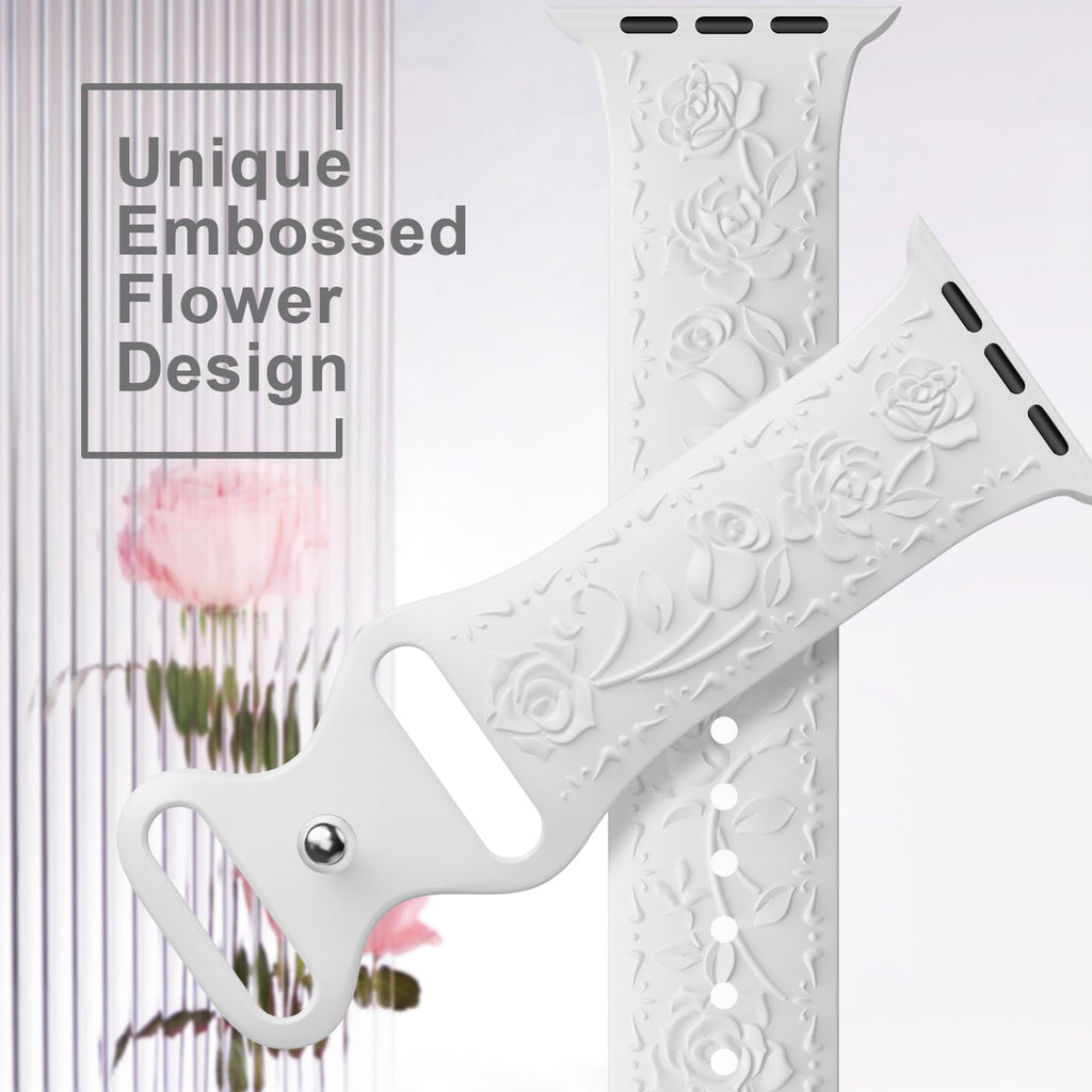 Floral Engraved Band Compatible with Apple Watch Band 40mm 41mm 38mm 42mm 44mm 45mm 46mm 49mm Women, Soft Silicone Cute Embossed Flower Strap for iWatch Band Series SE Ultra 11 10 9 8 7 6 5 4 3 2 1