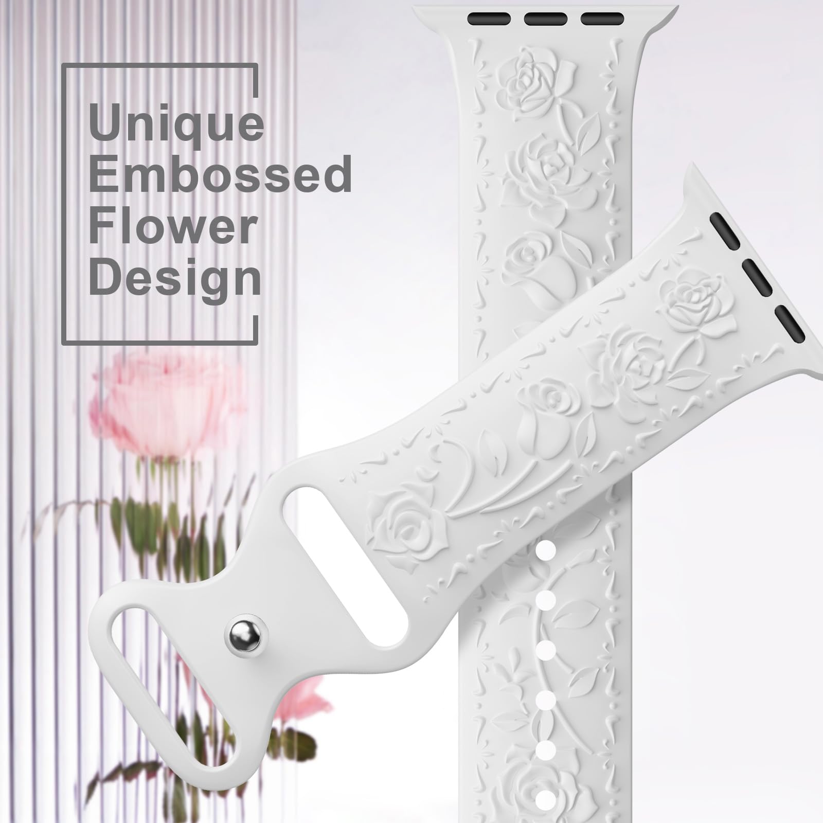 Floral Engraved Band Compatible with Apple Watch Band 40mm 41mm 38mm 42mm 44mm 45mm 46mm 49mm Women, Soft Silicone Cute Embossed Flower Strap for iWatch Band Series SE Ultra 11 10 9 8 7 6 5 4 3 2 1