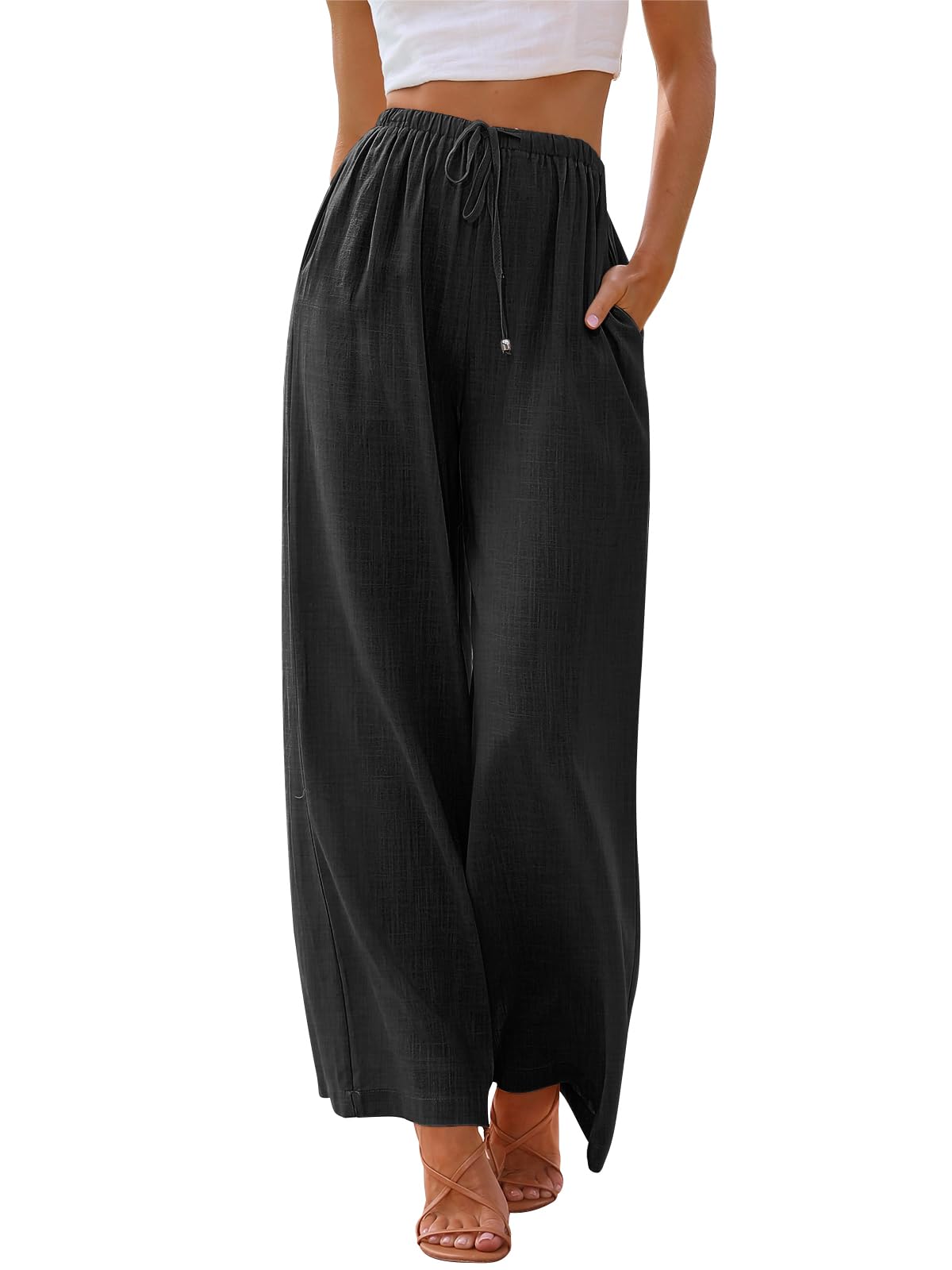 LILLUSORY Women's Linen Summer Palazzo Pants Flowy Wide Leg Beach Pants with Pockets