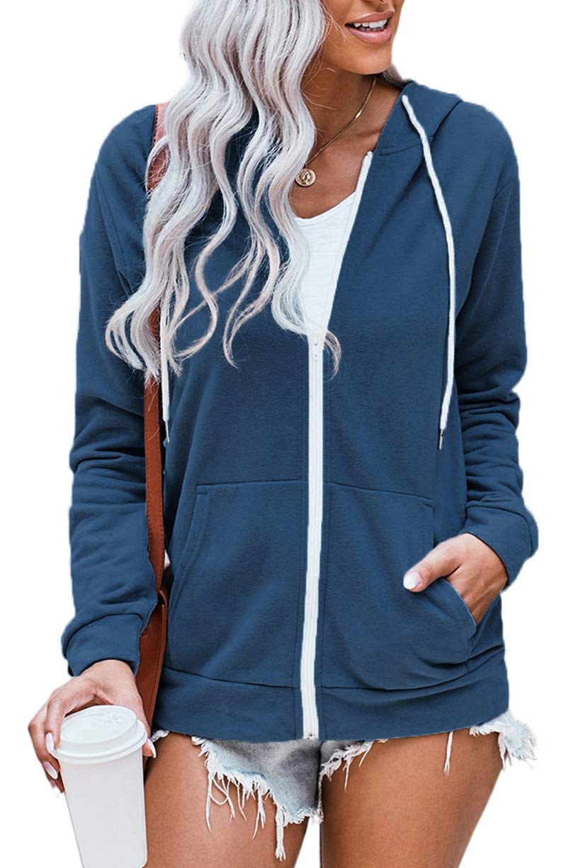 WROLEM Women Casual Full Zip Up Hoodie Comfy Loose Long Sleeve Sweatshirt Solid Color Jacket with Pockets