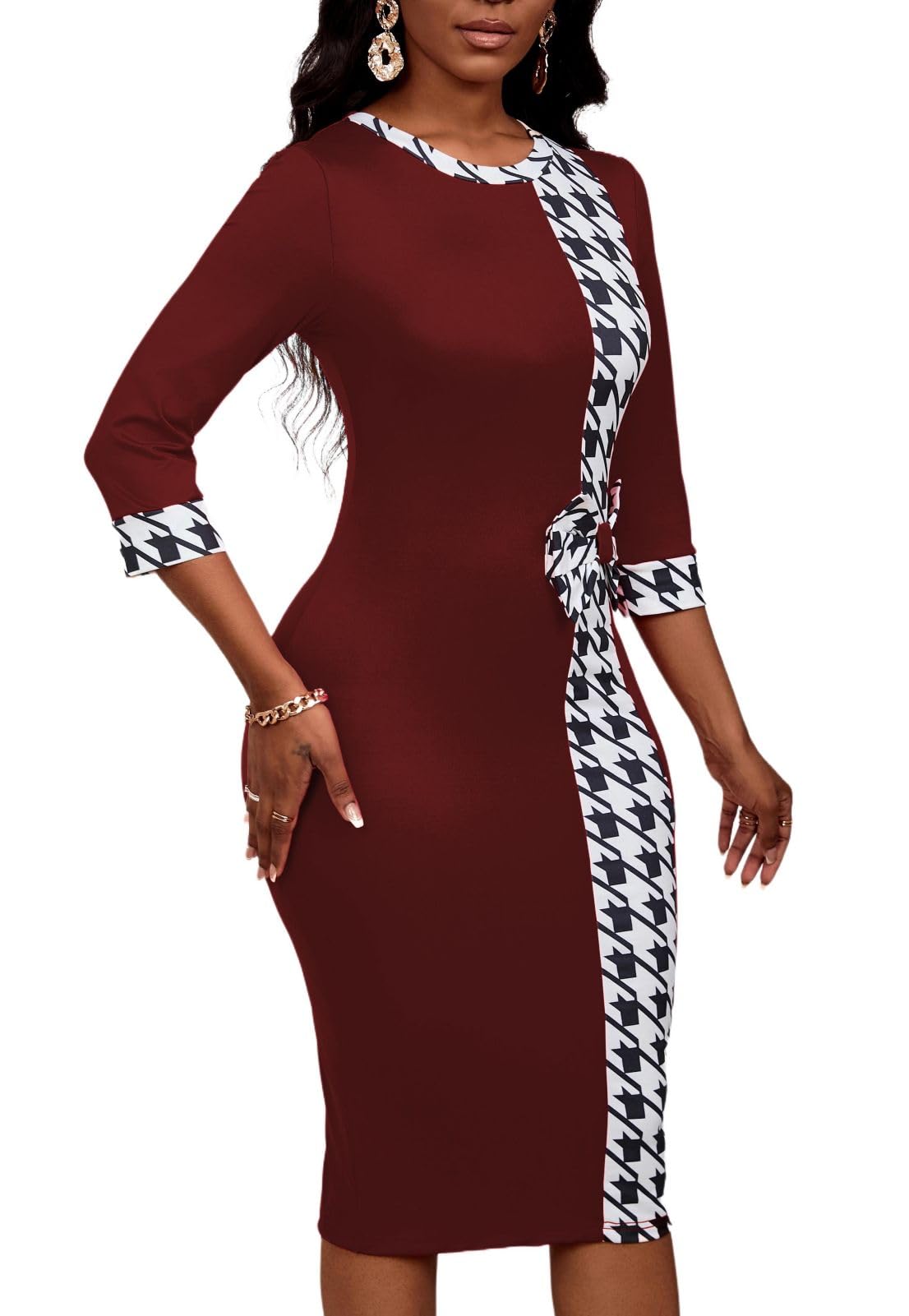 PerZeal Women's 3/4 Sleeve Round Neck Casual Houndstooth Bodycon Wear to Work Pencil Sheath Midi Dresses
