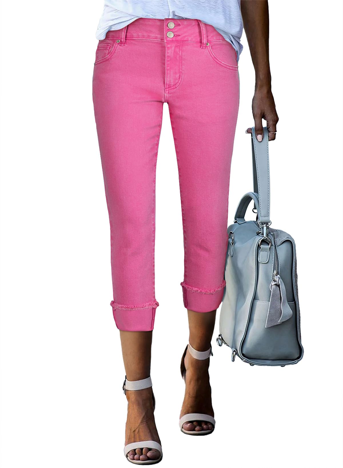 Sidefeel Women's Capri Jeans High Waisted Stretchy Roll-up Skinny Cuffed Cropped Zimbaplatinum Summer Capri Pants